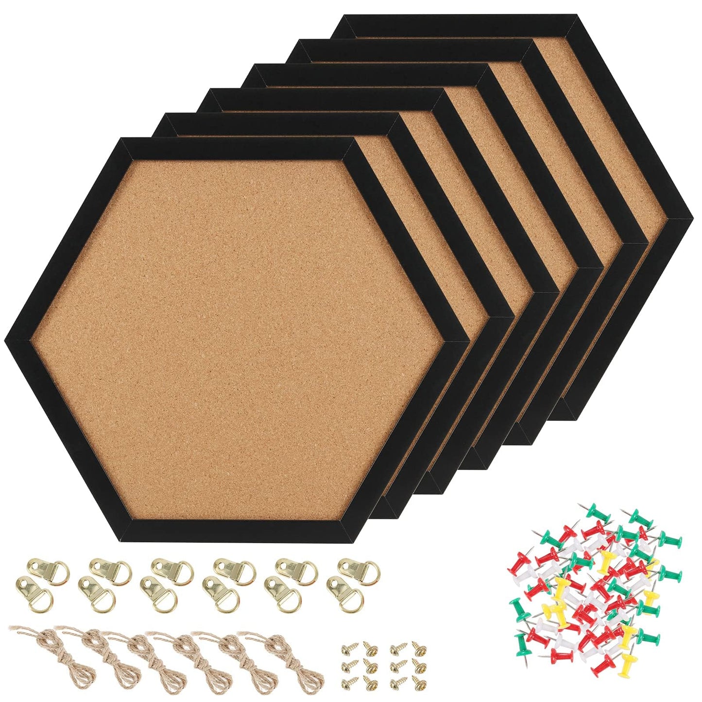 HAKZEON 6 Pack Cork Bulletin Board Hexagon, Small Framed Corkboard Tiles 13.46"x12" with 6 Push Pin Wood Clips and Screws, Thick Decorative Display Boards for Home Office Decor, Black
