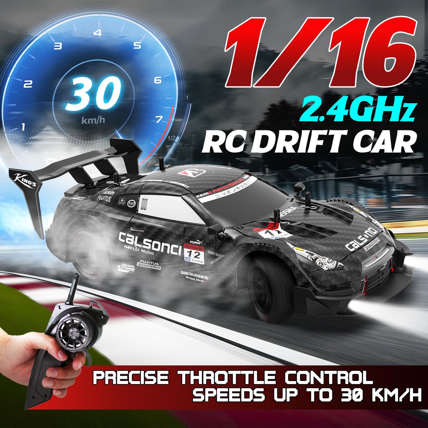 Remote Control Car RC Drift Car 1:16 Scale 4WD RC Car with LED Lights 2.4GHz 30km/h RTR High Speed Racing Sport Toy for Adults Boys Girls Kids Gift 2Pcs Rechargeable Battery