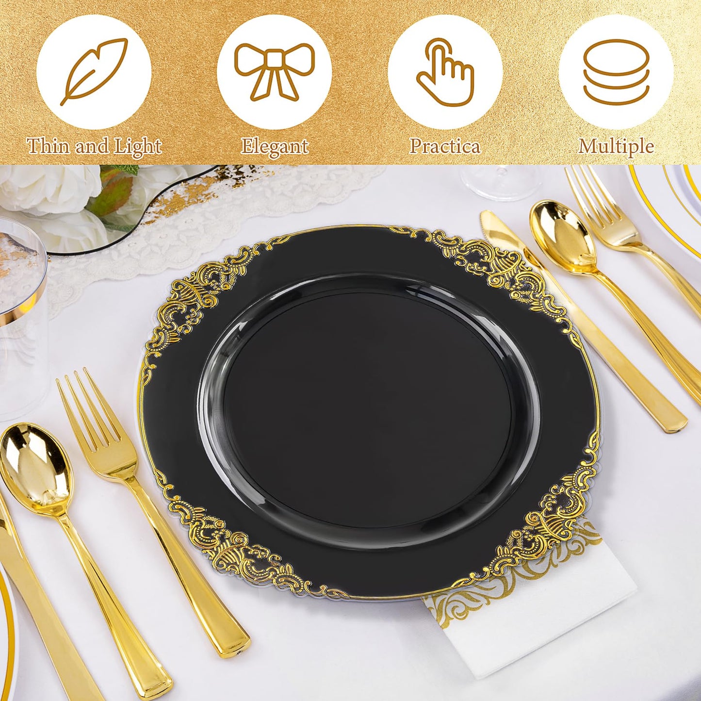 102pcs Black and Gold Plastic Plates, Disposable Party Plate Bulk, Include 51pcs 7.5inch Small Dessert Plates, 10.25inch Large Dinner Plates for Wedding Birthday Christmas Halloween Buffet Parties