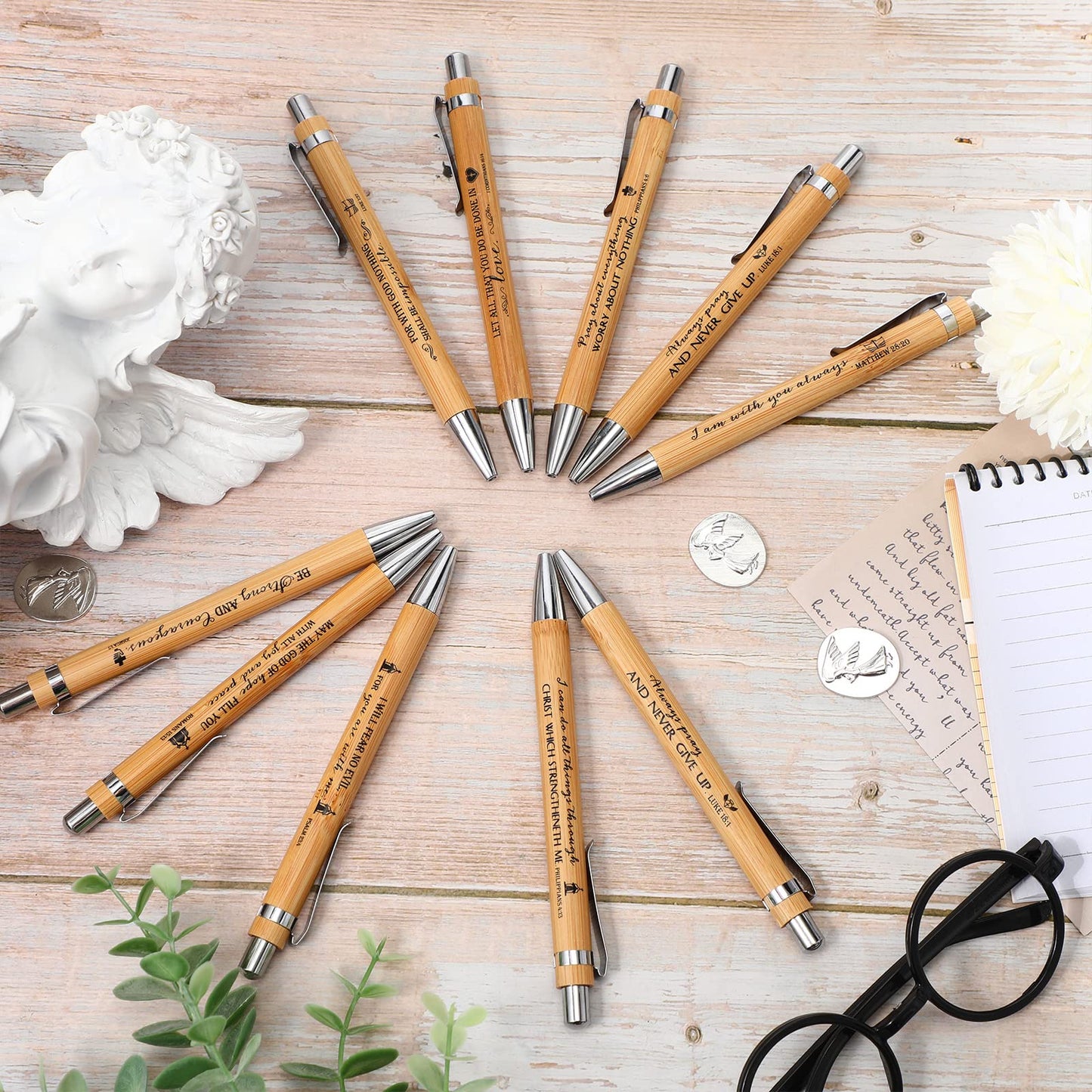 Fumete 50 Pcs Fathers Day Christian Gift Bible Verse Bamboo Pen Wooden Inspirational Quotes Ballpoint Pen Bulk Religious Church Gifts for Women Graduation Pastor Teacher(Natural,English)