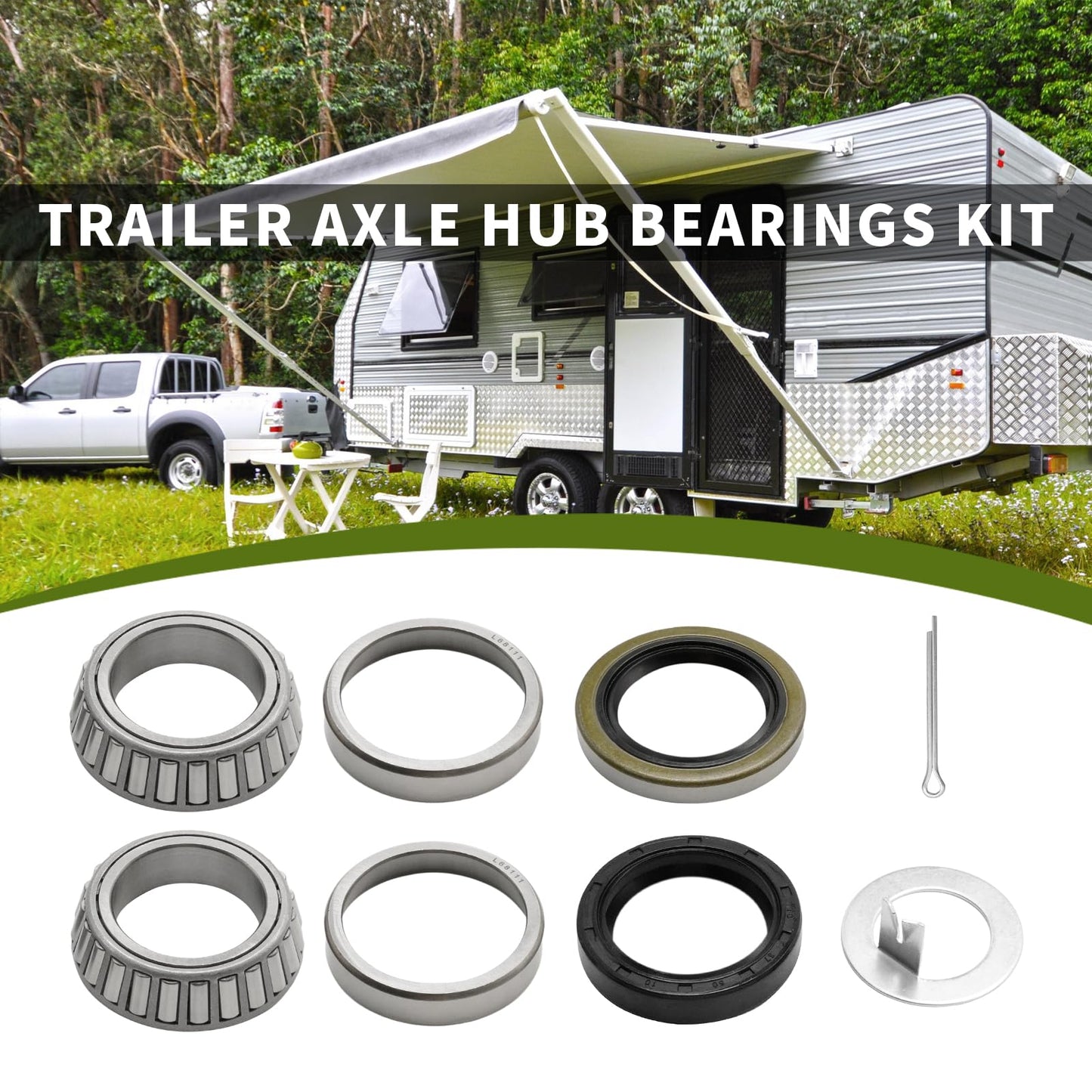 DUZFOREI 4 Sets Trailer Hub Bearing Kits with Dust Caps Grease Seals Spindle Nuts Washers, Replacement for 3500 Lb 1-1/16 to 1-3/8 Inch Trailer Axle Spindle EZ-Lube, Replace L68149 L44649