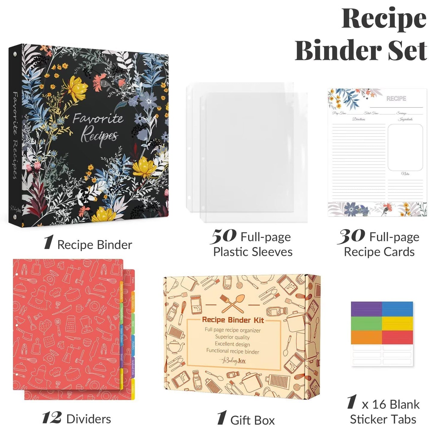 Recipe Binder with Plastic Sleeves, Full Page Cards and Dividers, Recipe Binder 8.5x11 3 Ring, Blank Recipe Book Binder to Write in Your Own Recipes (Blossom)