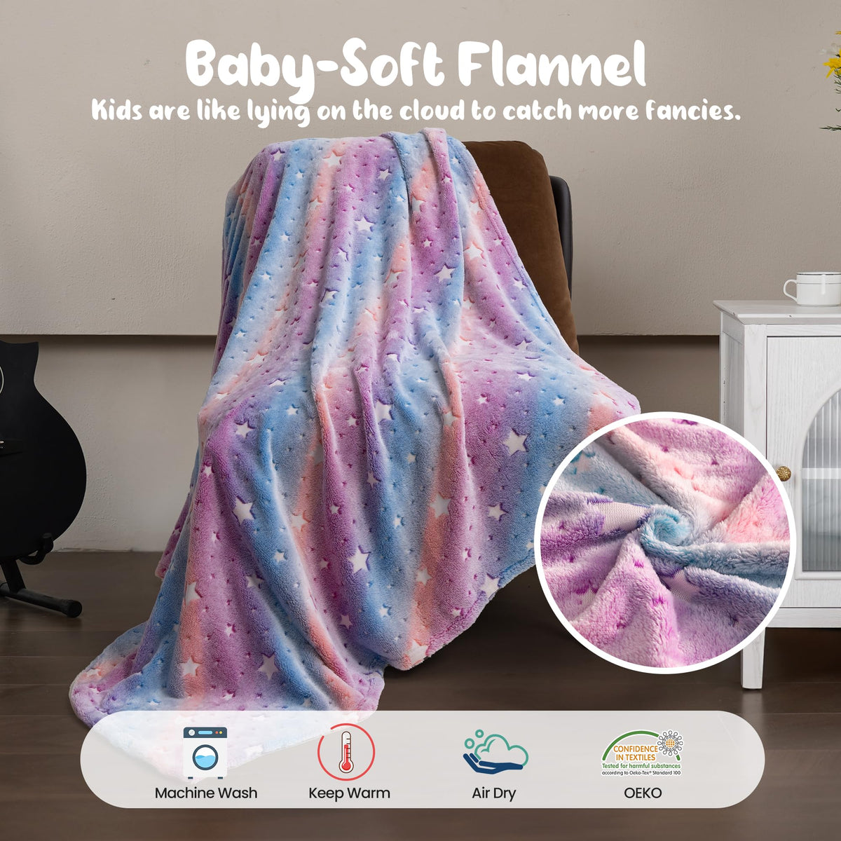 Winthome Glow in The Dark Throw Blanket for Kids Girls Boys, Super Soft Flannel Fleece Fluffy Cuddly Toddlers Blankets Large 51"x67" Cozy Fuzzy Plush Gifts All Seasons
