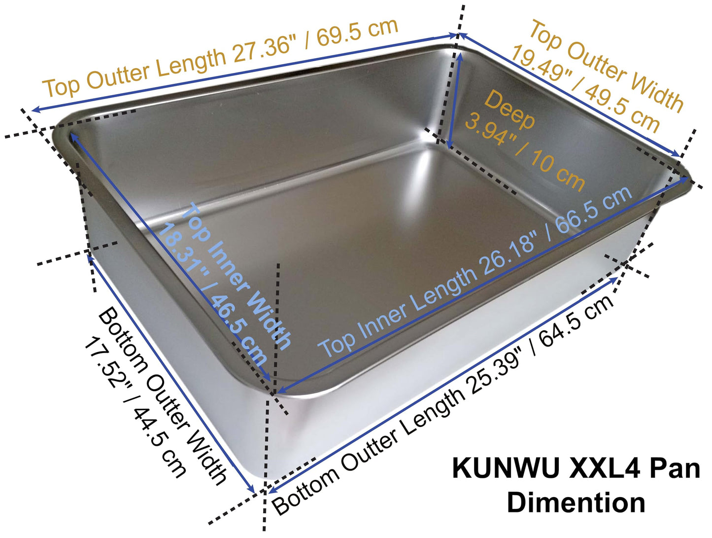 KUNWU Stainless Steel Pan 28"x20"x4" for Food, Cat, Dog & Rabbit Pet Litter Box, Corrosion Resistant Easy Clean Durable Pan (XXL (28"x20"), 4" Deep)
