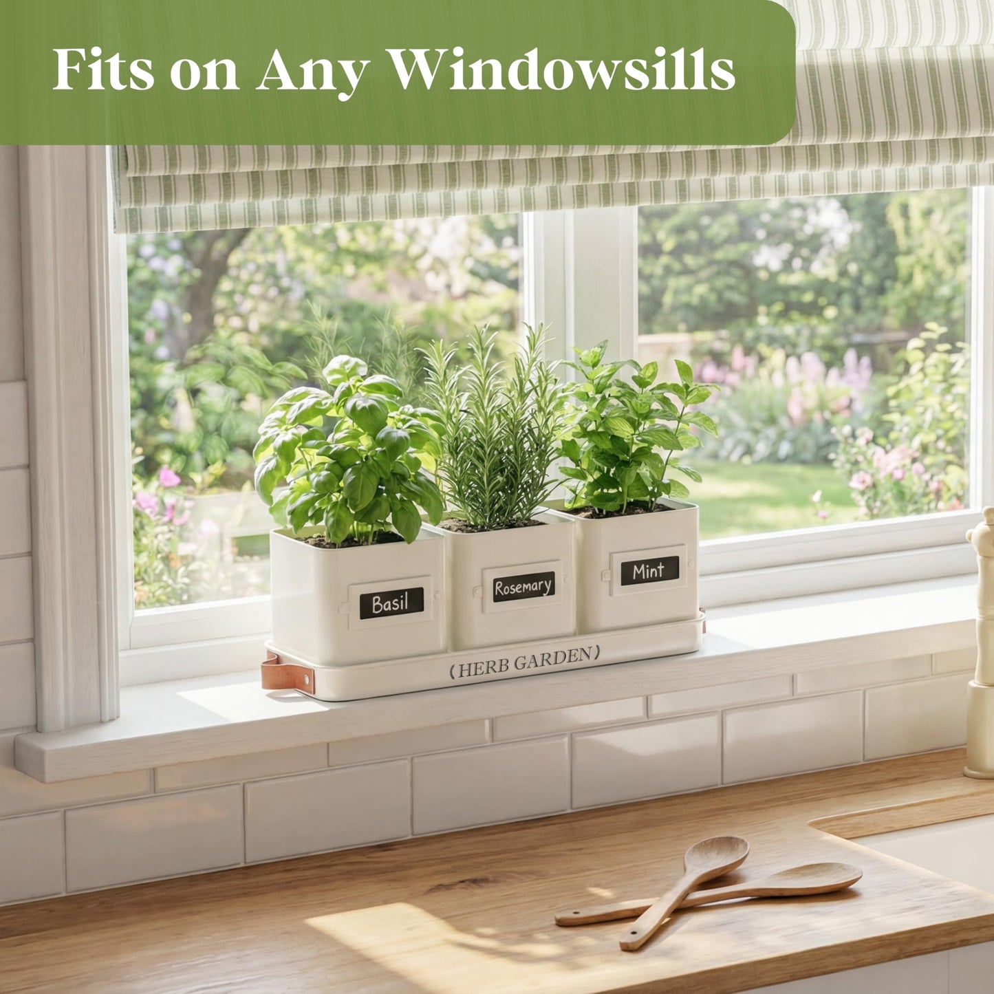 Perfnique Indoor Herb Garden, Herb Planter Set with Tray, Farmhouse Indoor Plant Pots, Windowsill Herb Garden with Drainage(Planter only) for Indoor/Outdoor, Window Pots (White)
