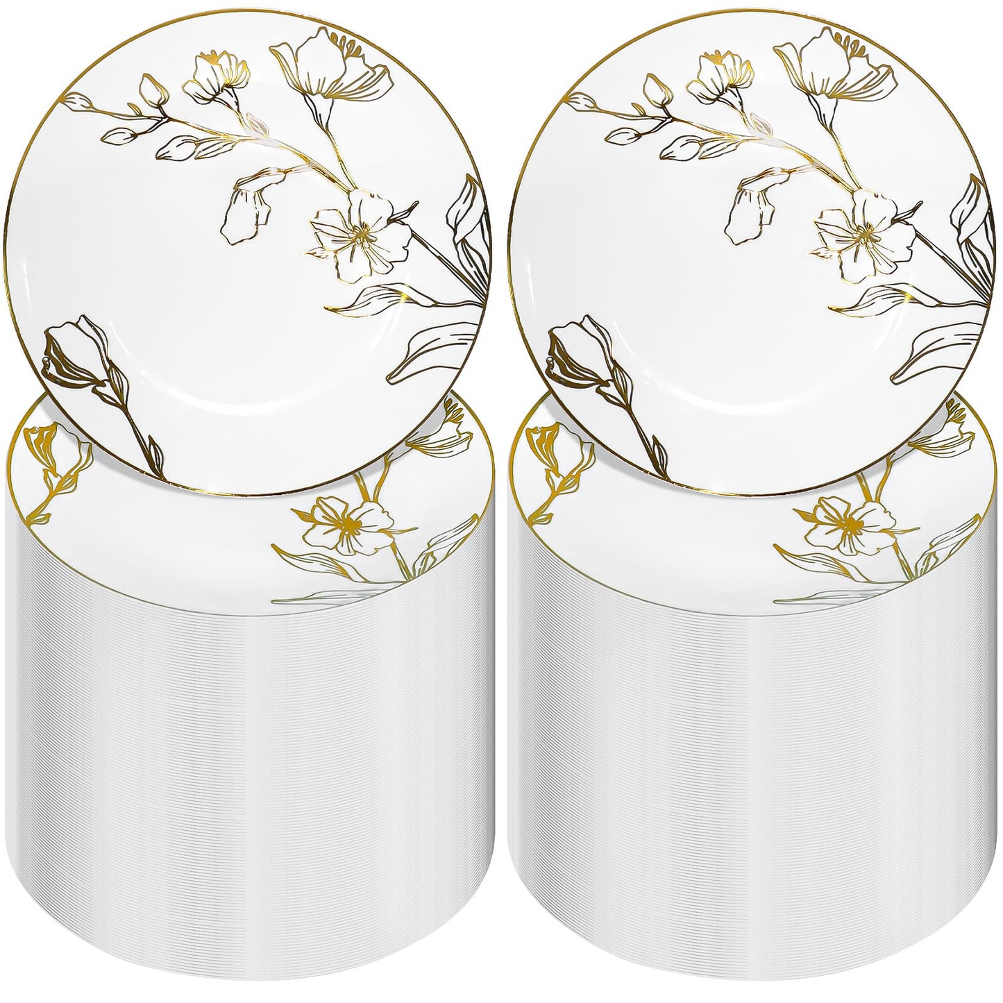 150Pcs Plastic Party Plates, 7.5 Inch Disposable Dinner Plates with White & Gold Rim Floral, Dessert Appetizer Elegant Fancy Wedding Plates Gold Plastic Plates for Party Holiday