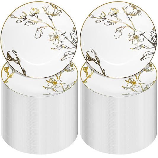 150Pcs Plastic Party Plates, 7.5 Inch Disposable Dinner Plates with White & Gold Rim Floral, Dessert Appetizer Elegant Fancy Wedding Plates Gold Plastic Plates for Party Holiday