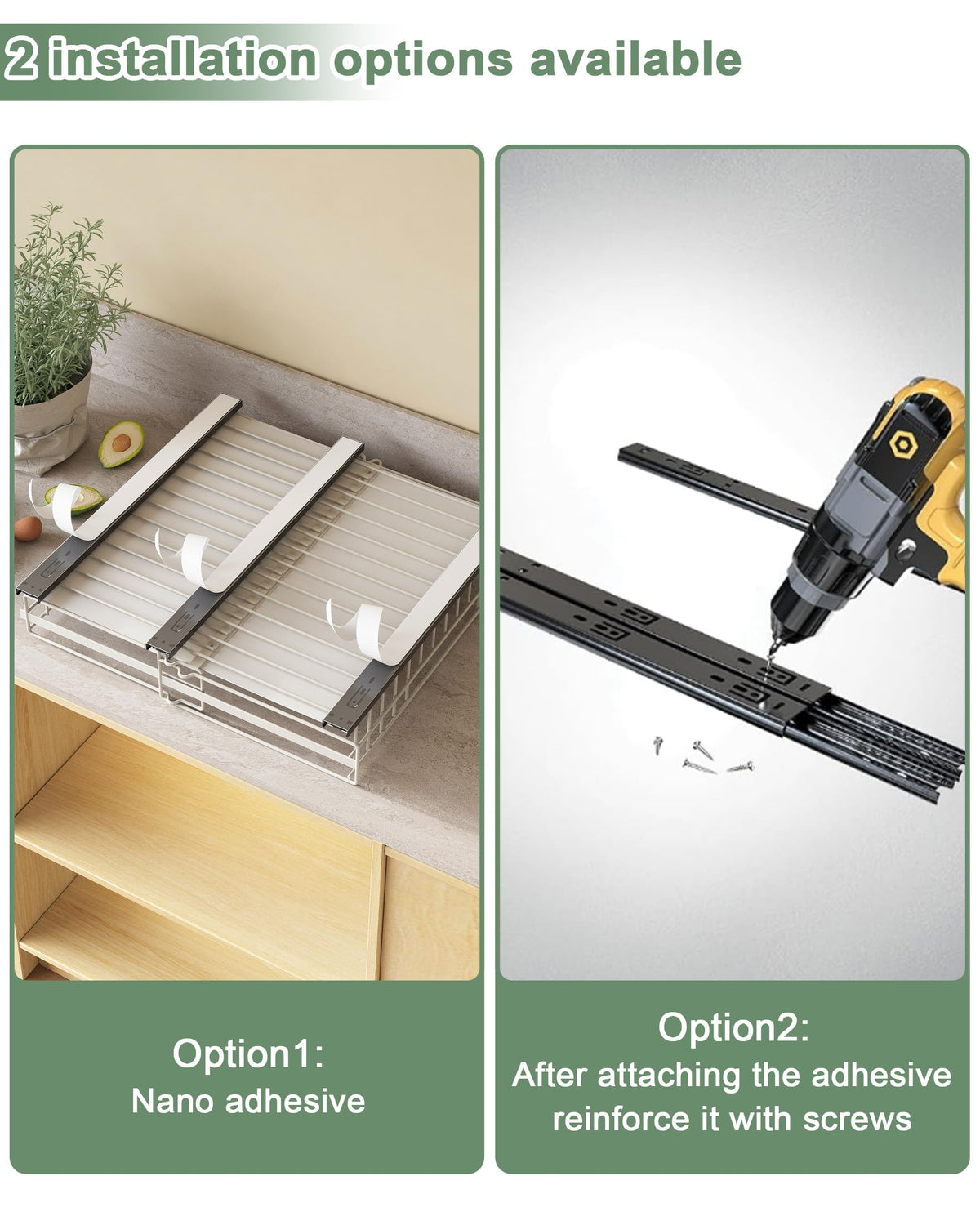 UMDONX 2 Pack Expandable Pull Out Cabinet Organizer Drawers Kitchen Cupboard Storage, No Drill Sliding Rack Adhesive Pantry Shelf (Durable Metal White Load 65LBS)