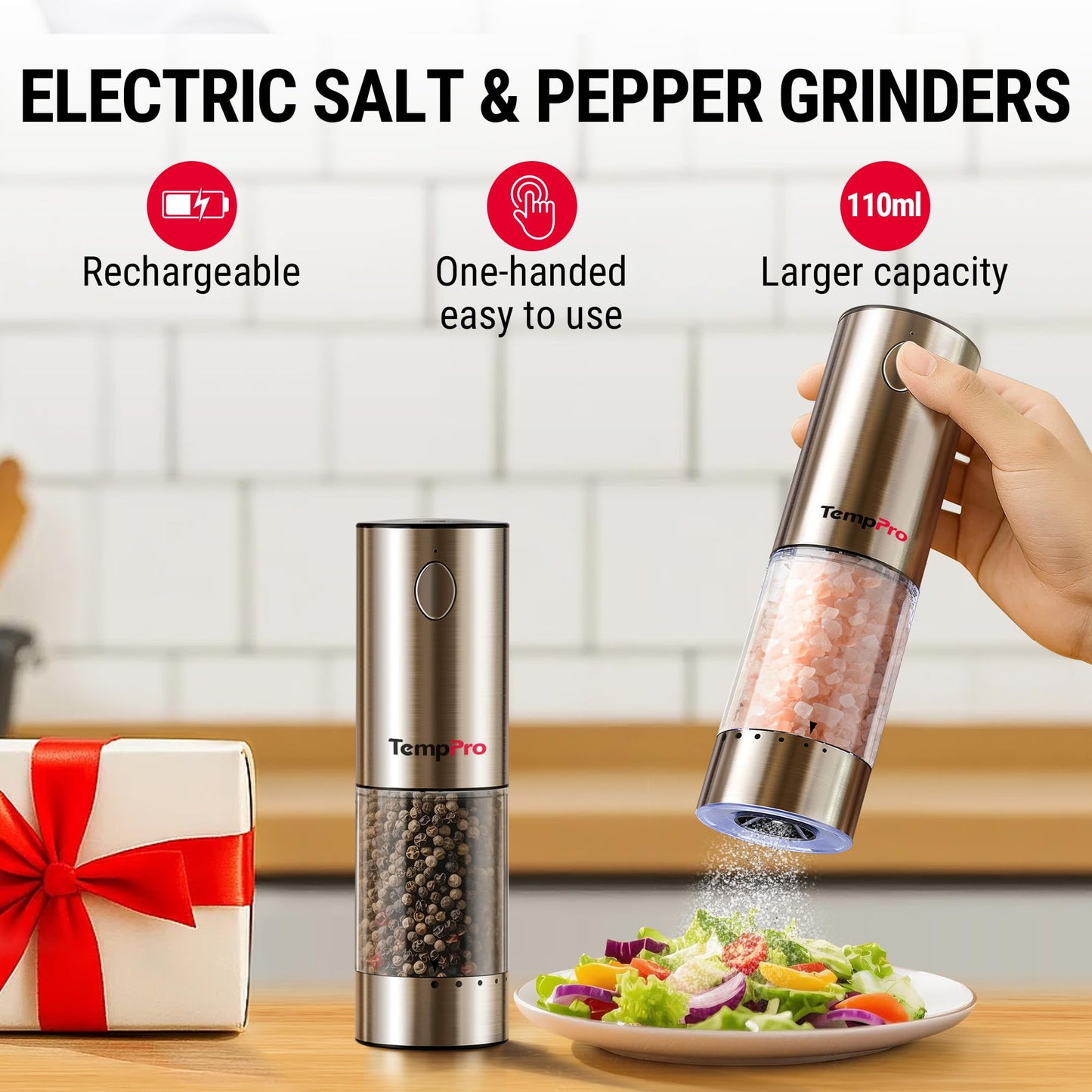 TempPro Electric Salt and Pepper Grinder Set with External Adjustable Coarseness, 100ml Rechargeable Salt and Pepper Shaker with LED light, Stainless Steel Automatic Pepper Mill (Previously ThermoPro)