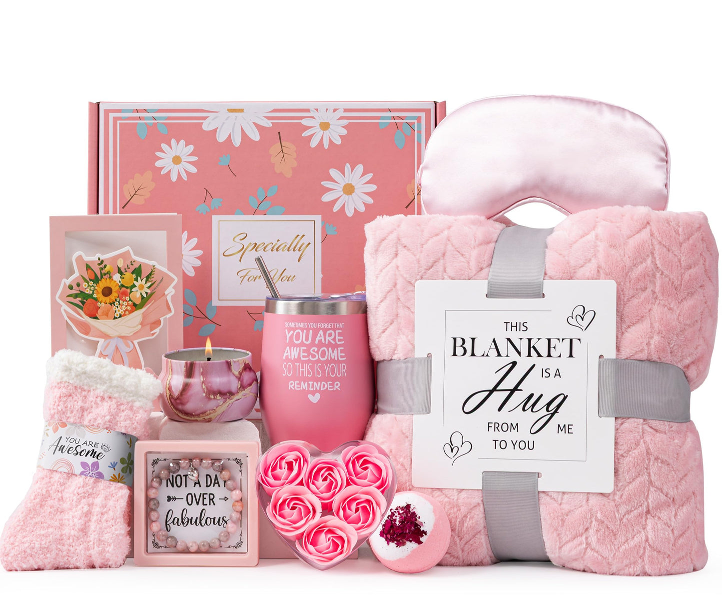 Birthday Gifts Basket for Women,Unique Self Care Relaxation Spa Get Well Soon Gift Box for Her,Thinking of You Set Inspirational Package w/Luxury Blanket,Unique Idea for Mom Sister