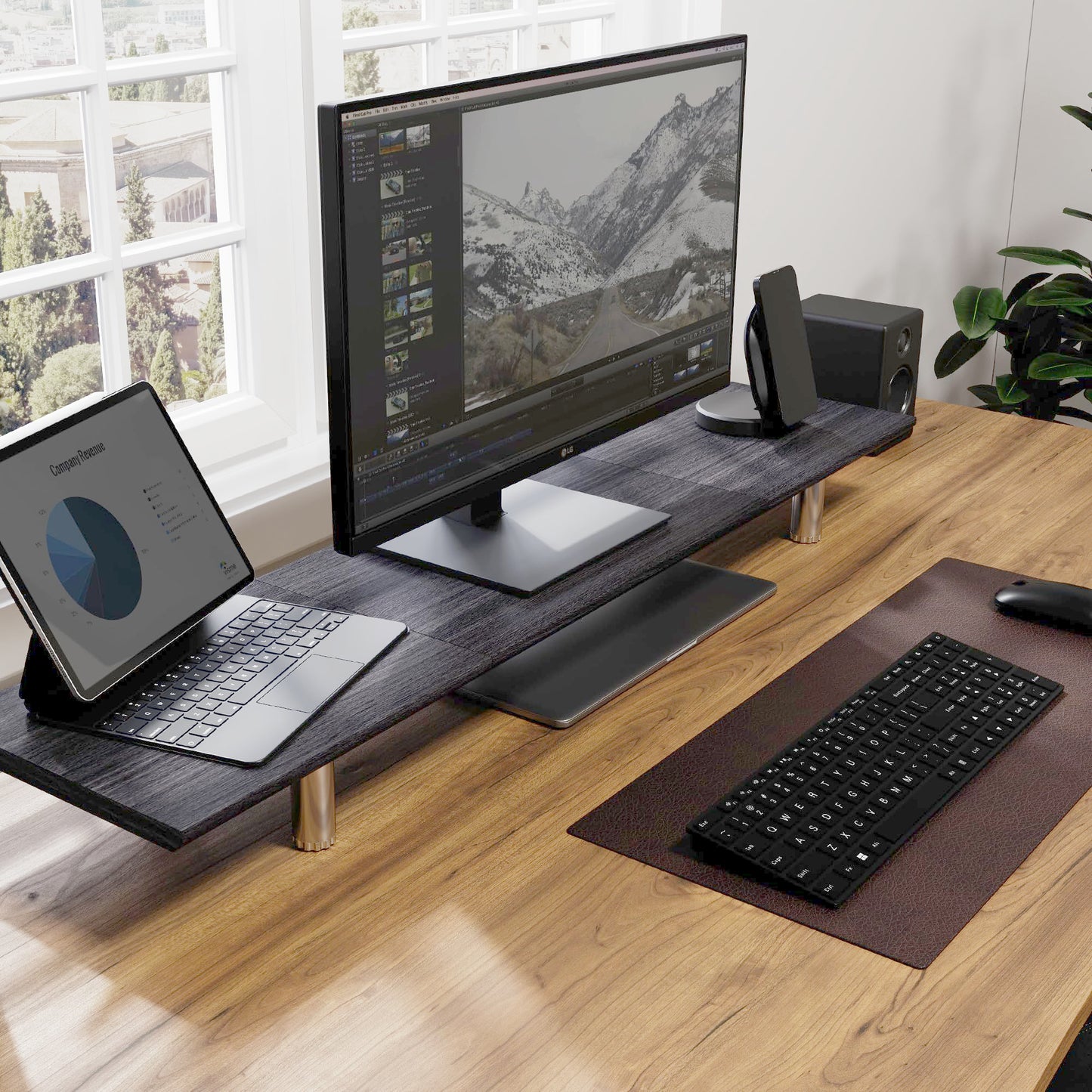 FENGE Dual Monitor Stand Riser, 39.4 Inch Height Adjustable Monitor Riser for Desk, Wood & Steel Monitor Stands for 2 Monitors, Laptop,Printer,TV, Black