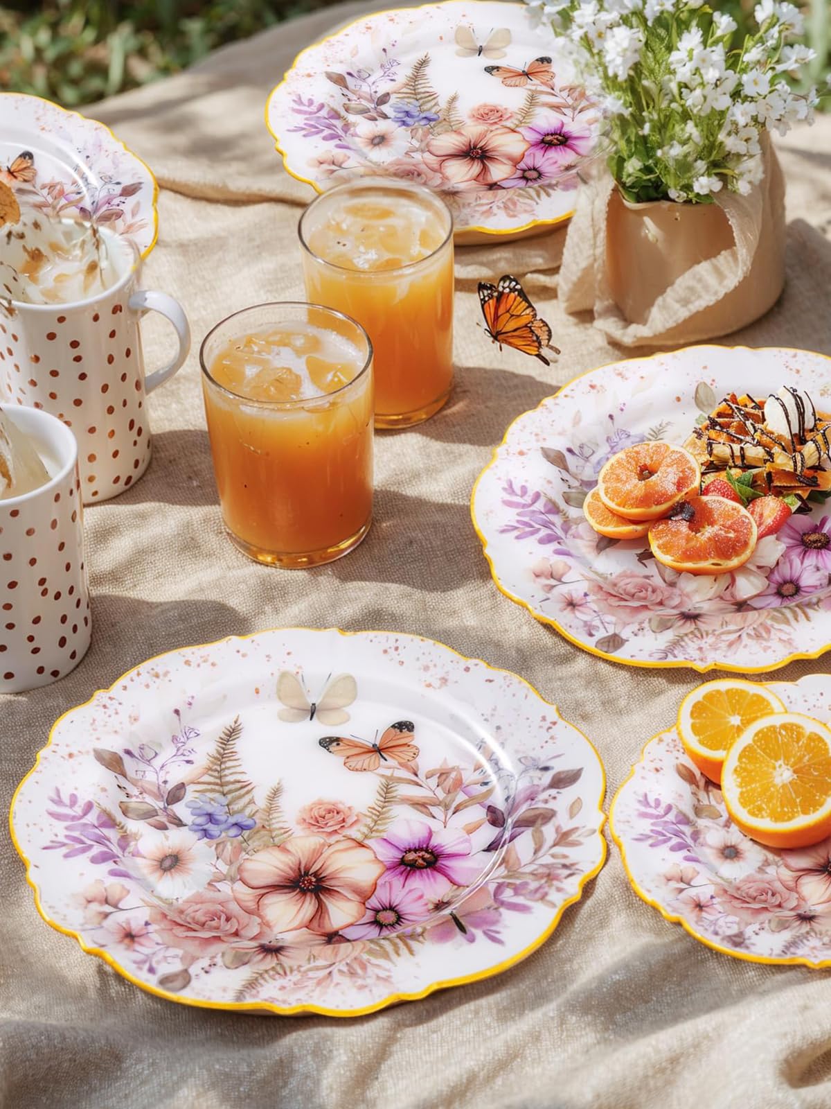 WDF 20Pack Spring Plates Flower- Baroque Fancy Butterfly Plates Disposable - 10’’ and 7’’ Floral plastic tableware Decoration Suitable for Spring Garden Party/Tea Party/Birthday