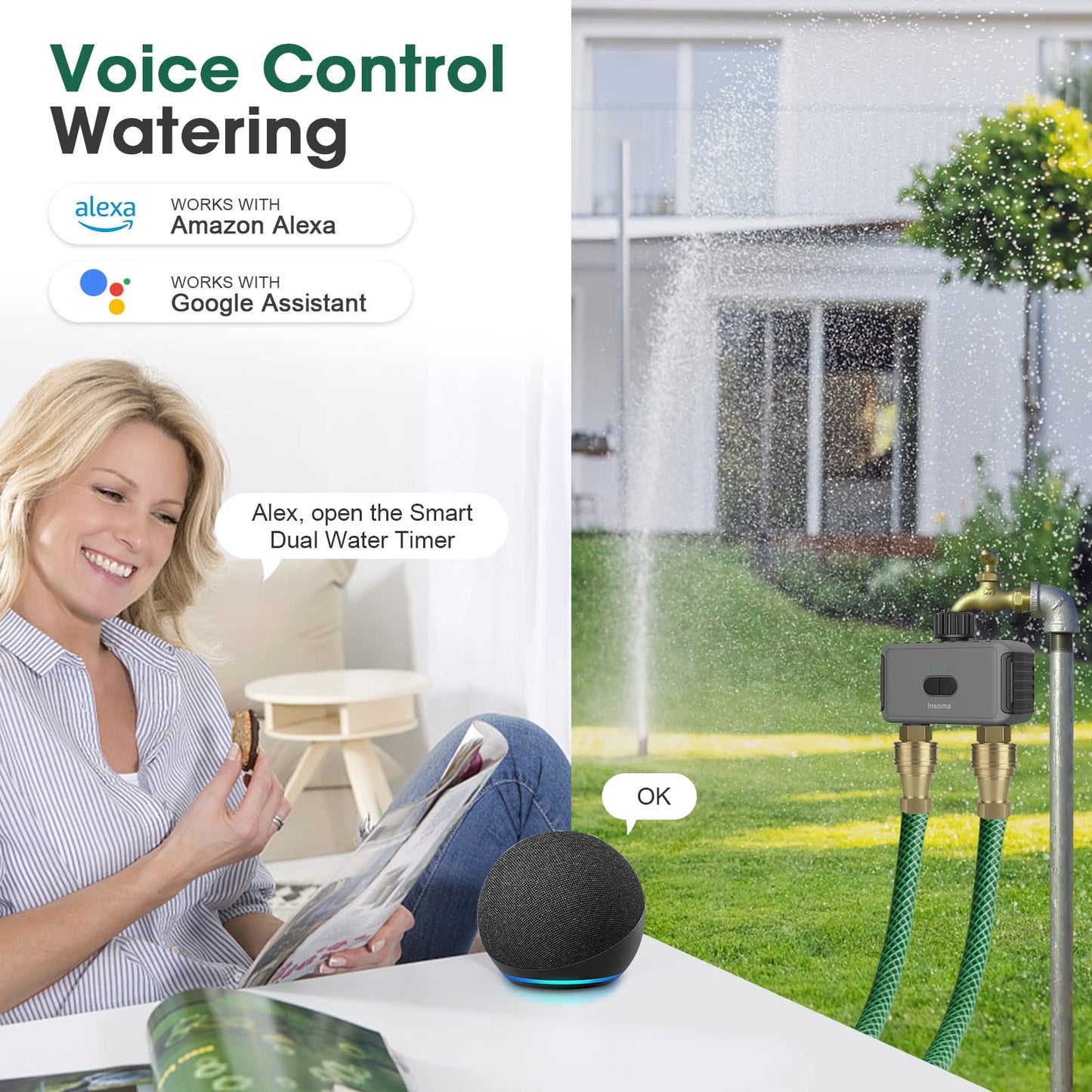 Smart Water Hose Timer Sprinkler Timer with 2 Outlet, Automatic Irrigation System Controller for Lawns,Compatible with Alexa Dark Gray-Plastics Inlet & Plastics Outlet