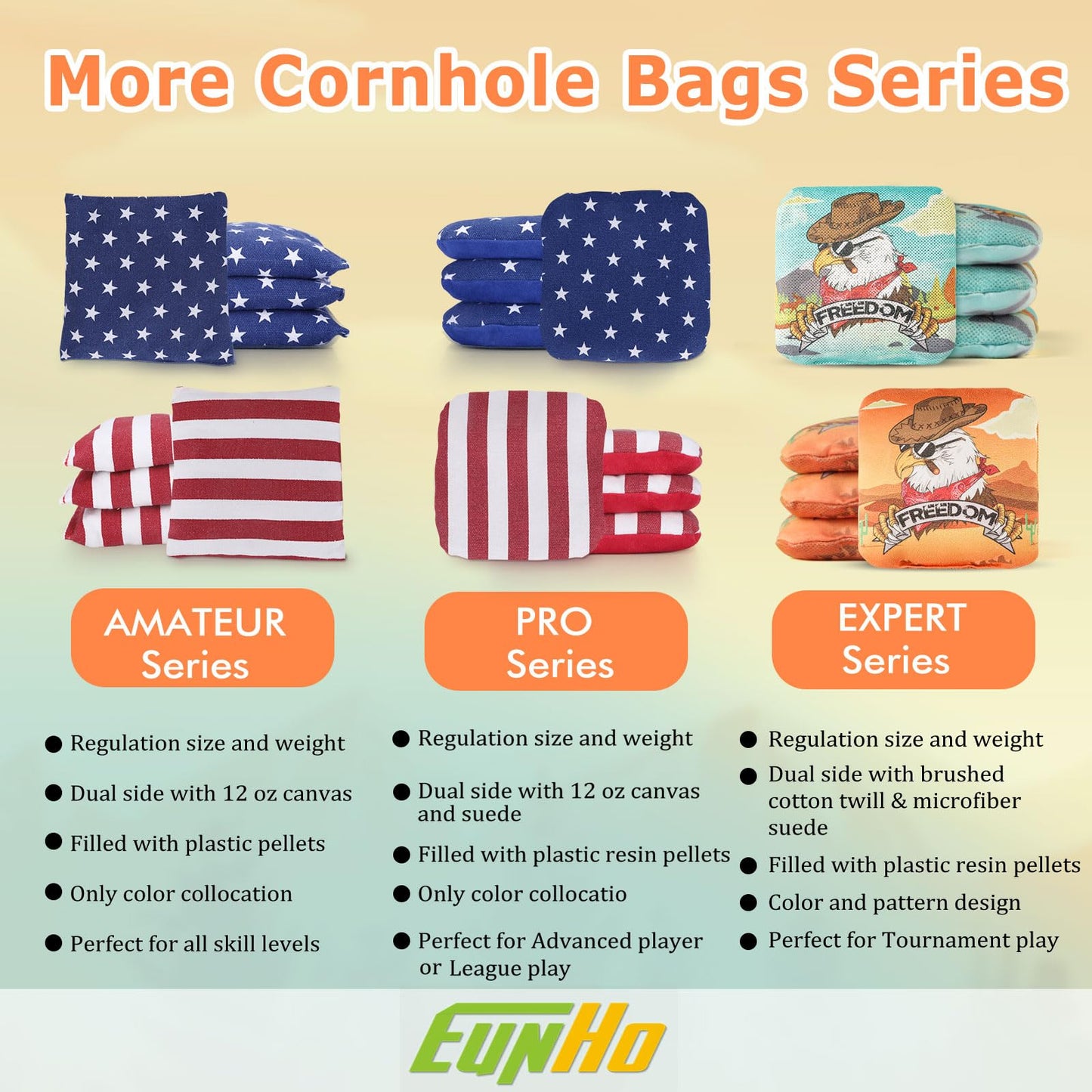 EunHo Cornhole Bags Regulation Dual Sided Set of 8, Non-Dusty Cornhole Bean Bags Slick & Sticky Side Bags with Carry Bag (Cow/Eagle)