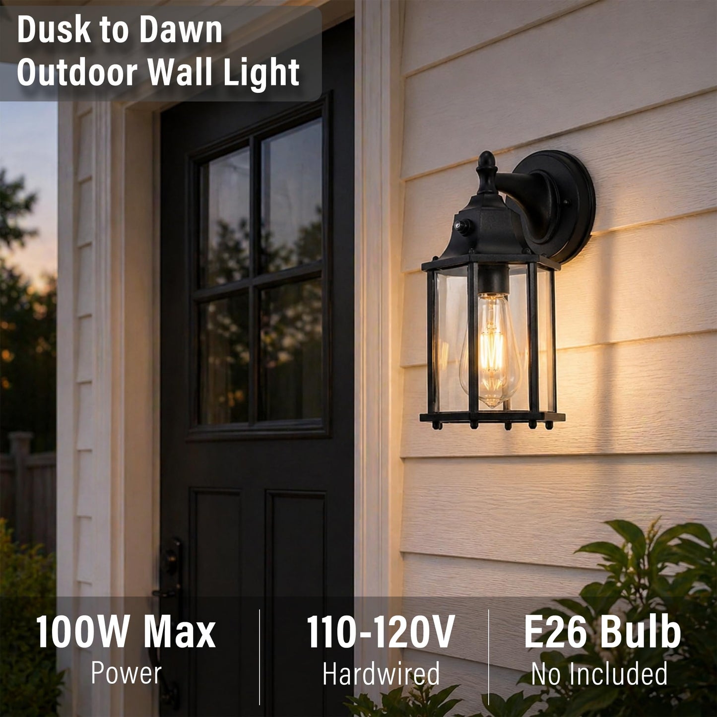 Dusk to Dawn Outdoor Wall Lights 2-Pack, Black Exterior Wall Sconces with Clear Glass, Waterproof Anti-Rust Porch Lights Outdoor, E26 Base Wall Lanterns for Front Door, Garage, Entryway