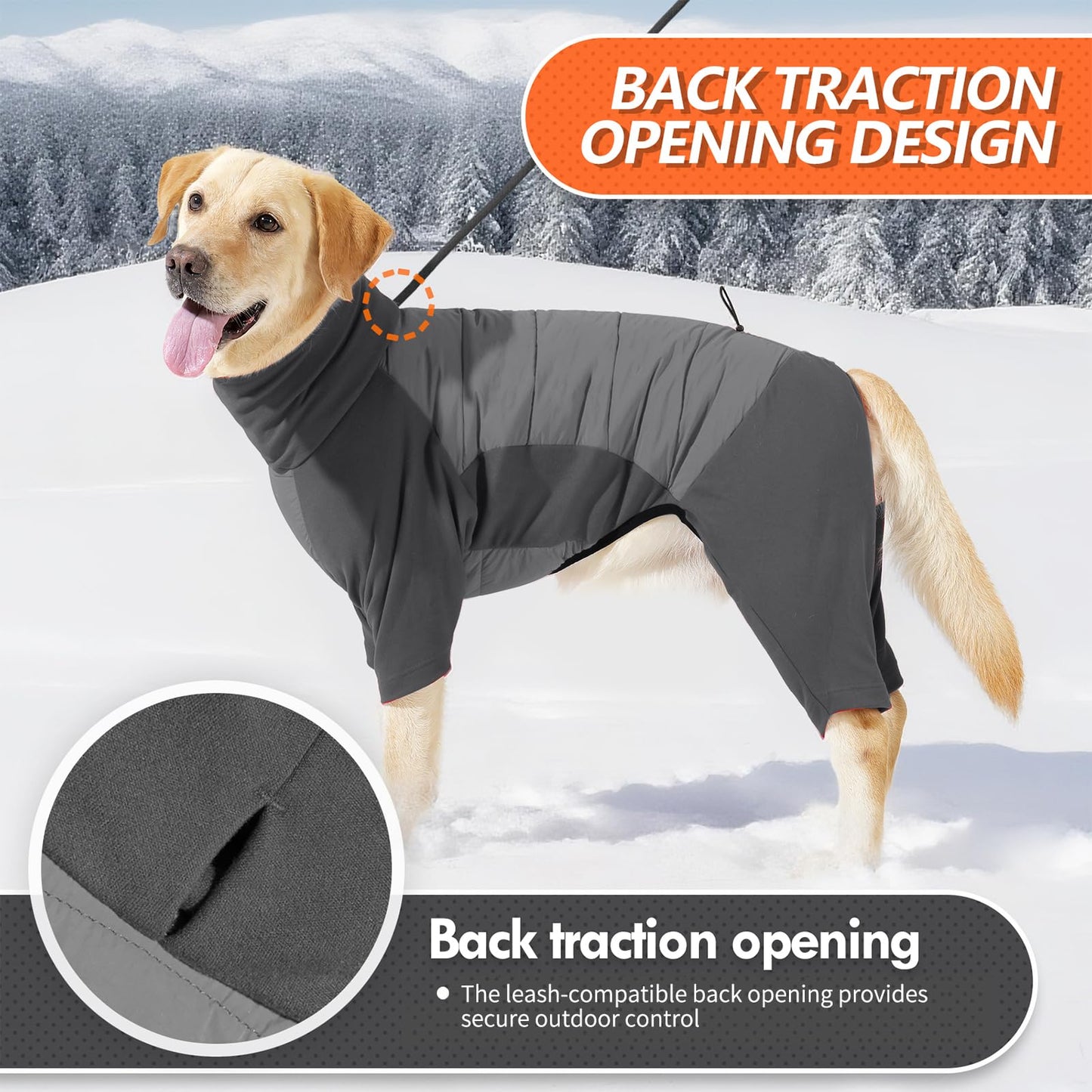 BRKURLEG Full Body Dog Winter Coat Warm Fleece Pullover Pajamas, Four Legs Covered Windproof Dog Jacket for Small to Large Dogs, Turtleneck Dogs Snowsuit, Pet Cold Weather Clothes, Grey M