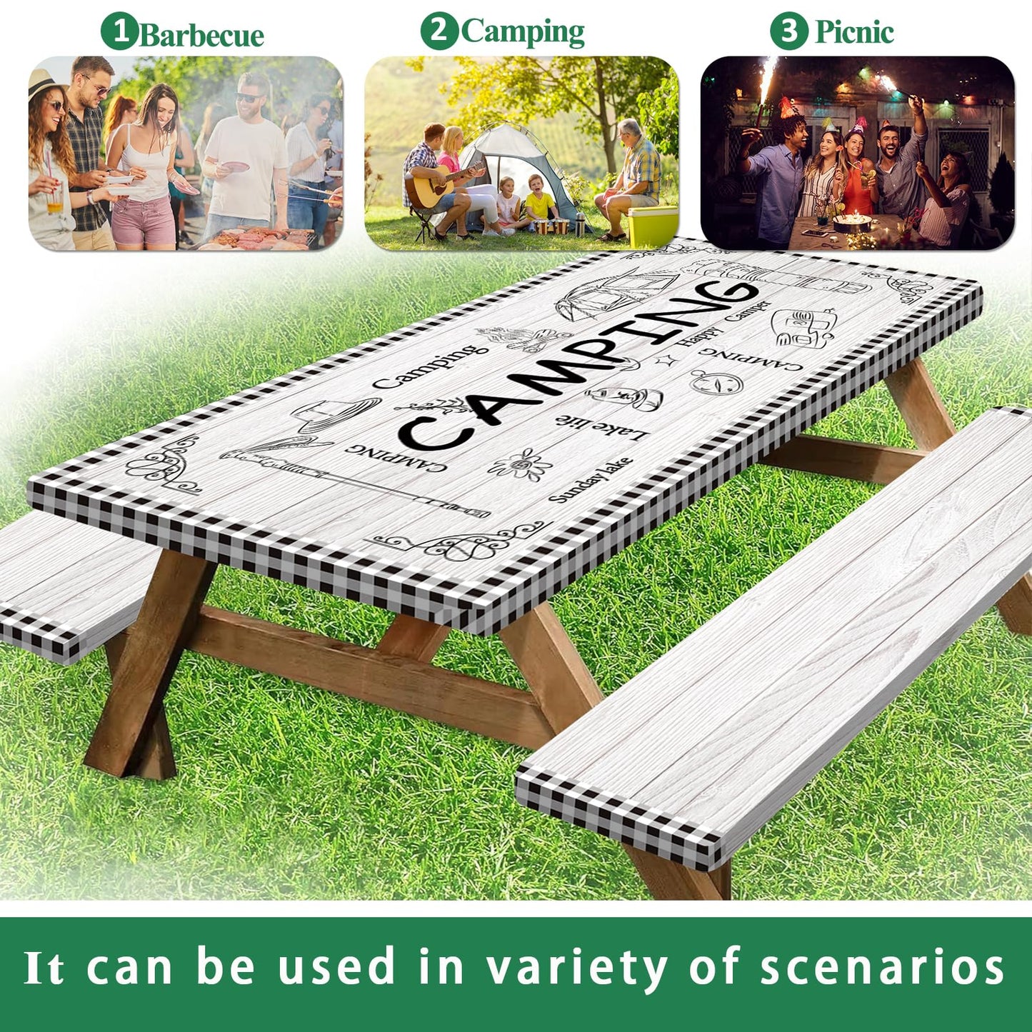 Caknowow Picnic Table Cover Fitted with Bench Covers Camping Tablecloth Waterproof Picnic Table Covers with Elastic Reusable Fabric Camping Table Cover for 6 Foot Picnic Tables