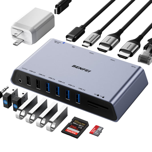 BENFEI DisplayLink 12-in-1 USB 3.0 Universal Docking Station with Dual HDMI Display/6*USB Ports/SD/TF Card Reader/Gigabit Ethernet Network/3.5mm Female Headphone Jack Compatible with Windows and Mac