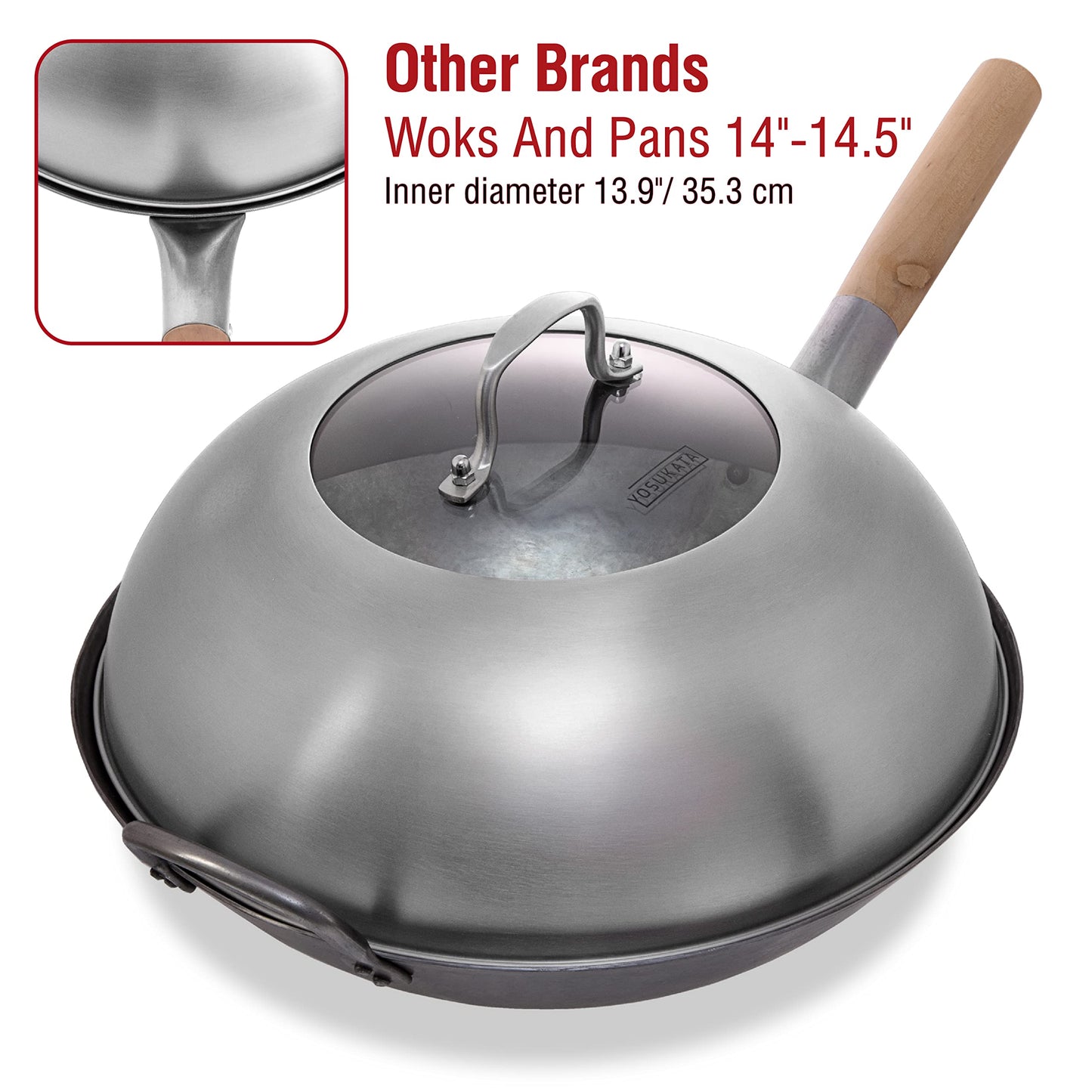 YOSUKATA Wok Lid 34.5 cm - Premium Stainless Steel Cover - Tempered Glass Insert Steam Holes - Ergonomic Handle -Durable Kitchen Accessories - Dishwasher-Safe Lid for 36 cm Wok for Asian Cooking