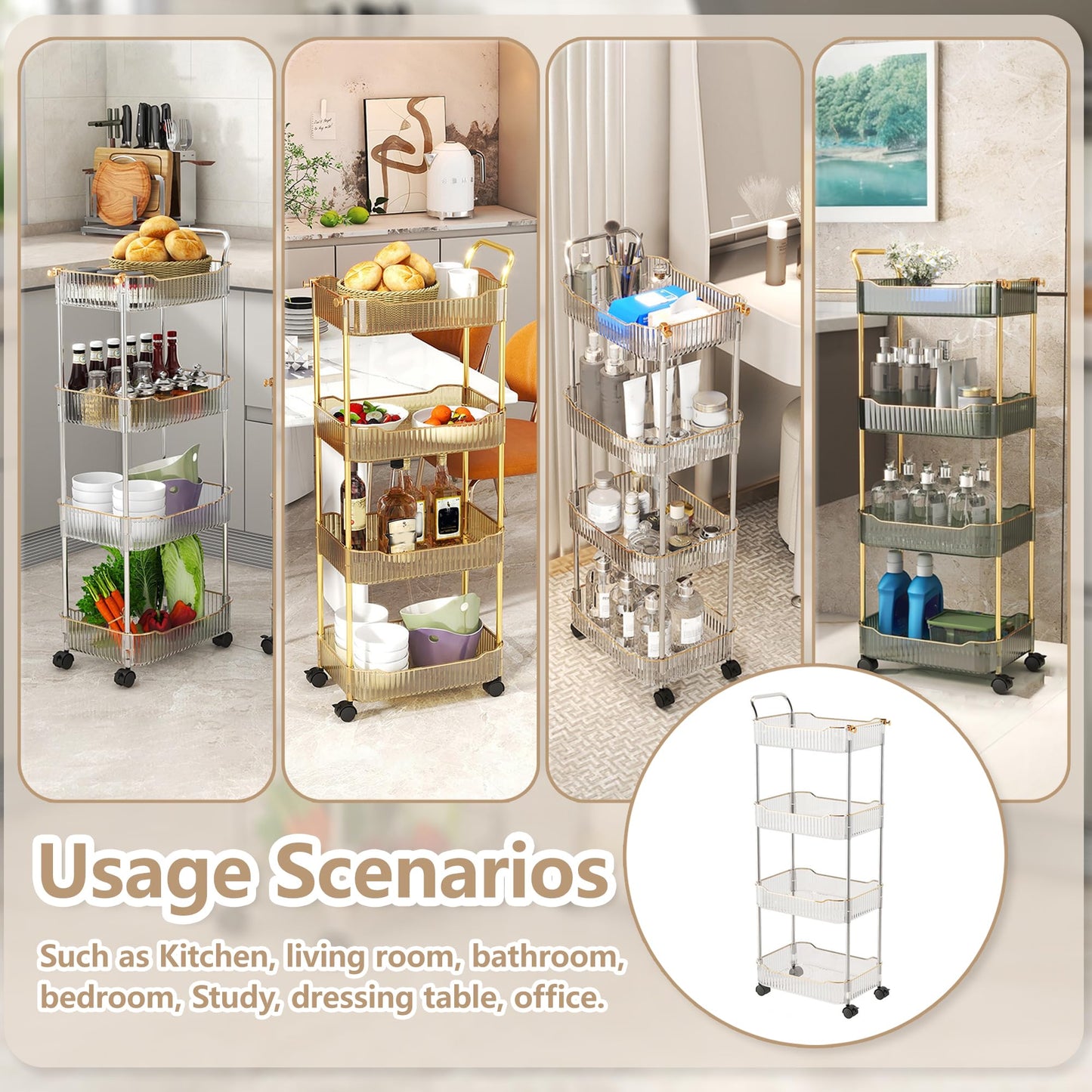 Acrylic Utility Cart, 2 Tier Rolling Trolley with Lockable Wheels Storage Organizer for Kitchen Bathroom Laundry Snack Book,Gold,2 Tier