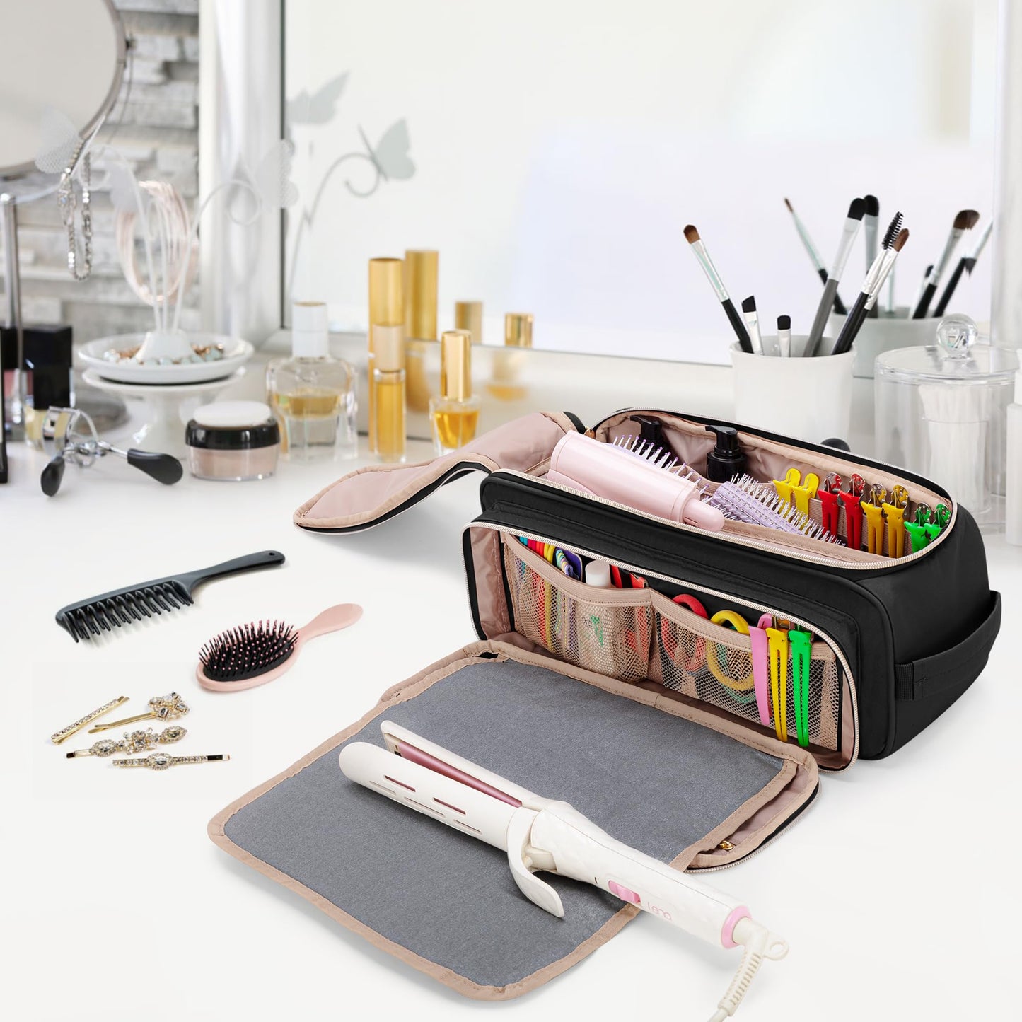 YARWO Upgraded Hair Tools Travel Bag with Heat Resistant Mat for Straightener, Curling/Flat Iron, Blow Out Brush/Curler, 2 in 1 Hot Hair Styling Tool Organizer with Pockets for Hair Accessories, Black