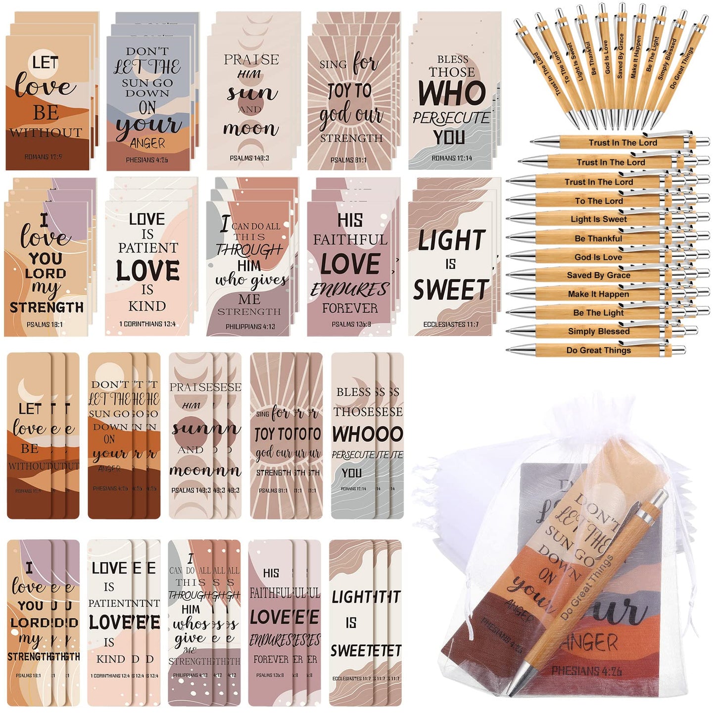 Sinmoe 120 Pcs Christian Gifts Bulk Set, Bible Verse Bookmarks, Scripture Ballpoint Pens, Religious Notebooks and Organza Bags, Church Gifts for Women Men, Bible Study, Religious Party Favors