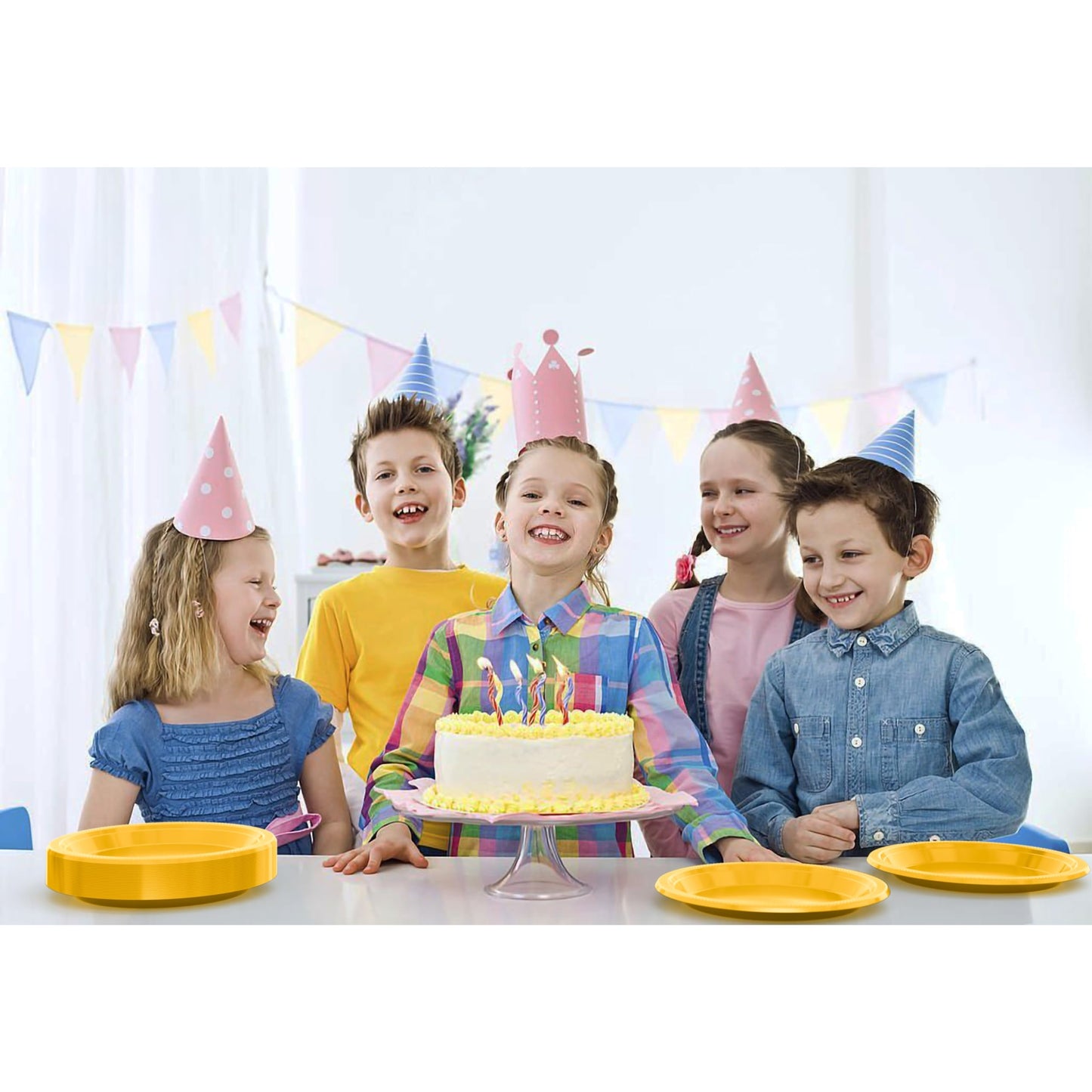 Exquisite Party Solids Yellow Plastic Plates For Party Supplies, Yellow Disposable Plates 100 Pcs - 50-7" & 50-9" Heavy Duty 350 GSM Disposable Dinnerware Sets, Plastic Dinnerware Sets