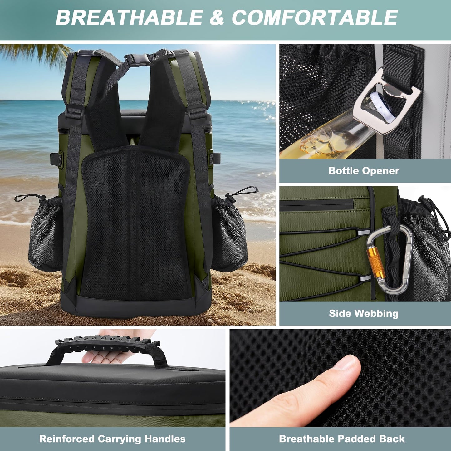 YOUNGOA Large 52cans Cooler Backpack, Insulated, Waterproof, Leak Proof, 30L Large Capacity (Green)
