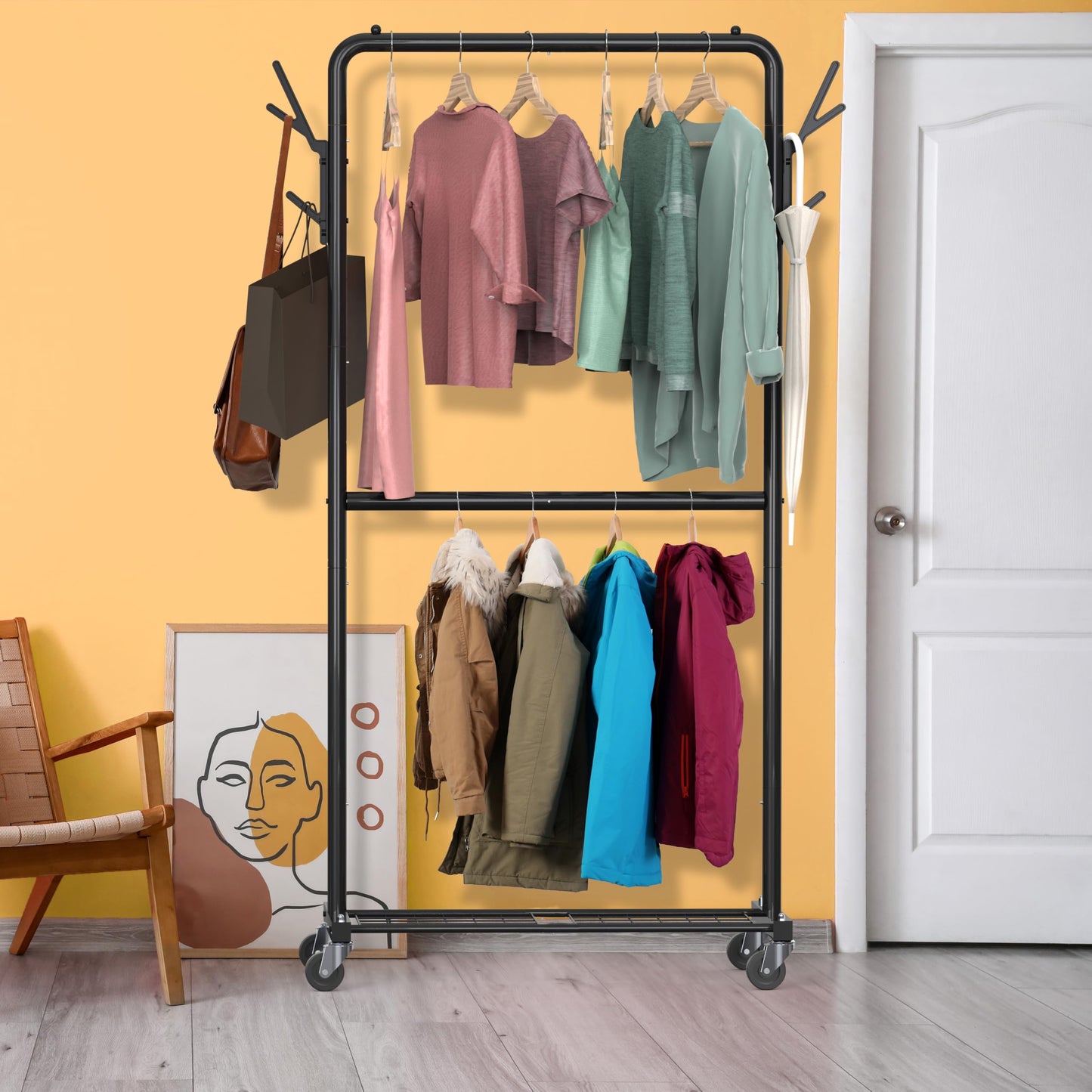 Simple Houseware Double Rod Clothes Rack with Wheels, Hooks & Shelves, Heavy-Duty Metal Garment Rack Organizer, Black