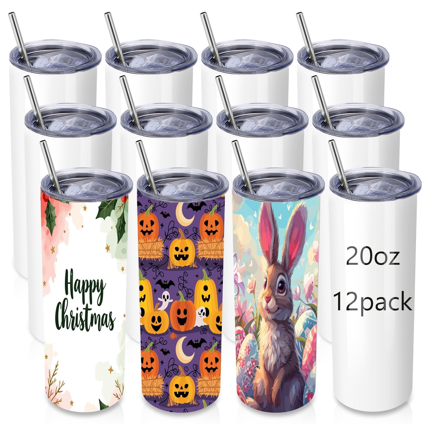 Volhoply 12 Pack Skinny Sublimation Tumblers with Lid and Straw, 20oz Stainless Steel Straight Tumbler Bulk, Vacuum Insulated Coffee Mug for Home, Office, Travel, DIY (Sublimation,12 Pack)