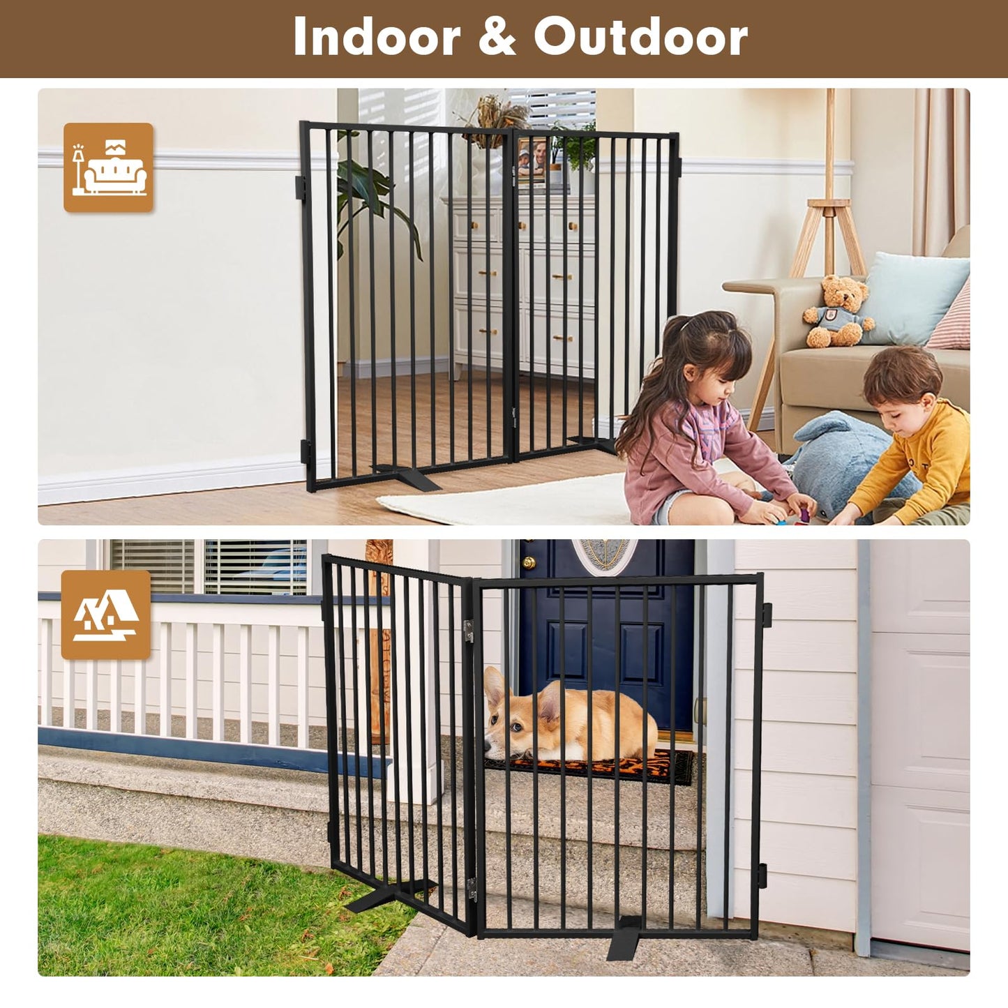 Metal Freestanding Dog Gates,Extra Wide 24", 32" Height Foldable Dog Fence for Indoor & Outdoor, Heavy Duty Freestanding Pet Barrier for Stairs, Doorways, Halls, Kitchen,Yard