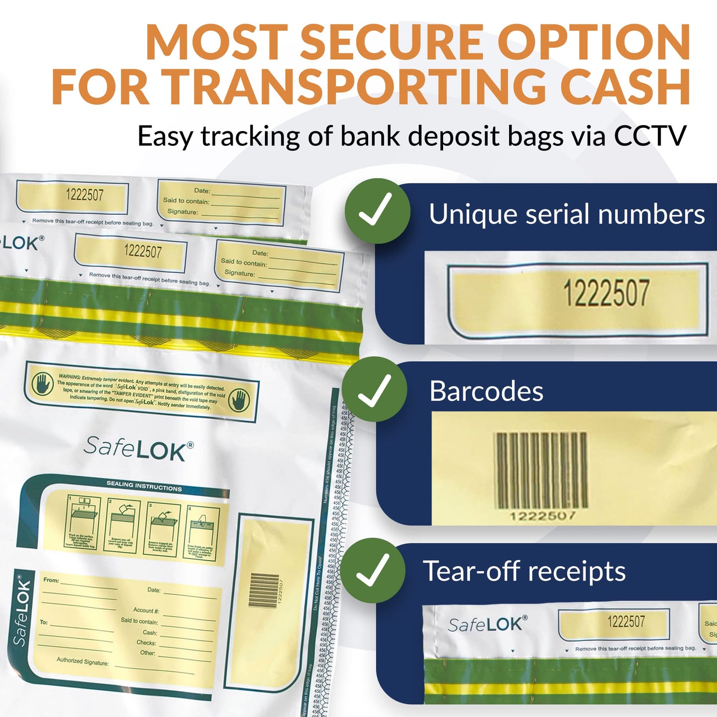 CONTROLTEK SafeLOK Tamper-Evident Cash Bags 12" x 16" Opaque, Pack of 100