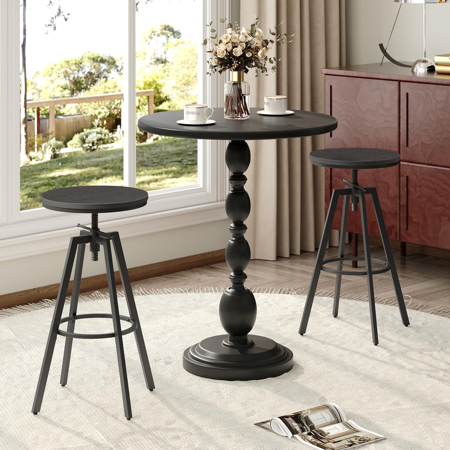 MAHANCRIS Bar Stools, Round Bar Chairs with Sturdy Metal Frame, Set of 2 Industrial Bar Stools, Height Adjustable, Kitchen Breakfast Stools, for Bar, Dining Room, Black BAHB0701