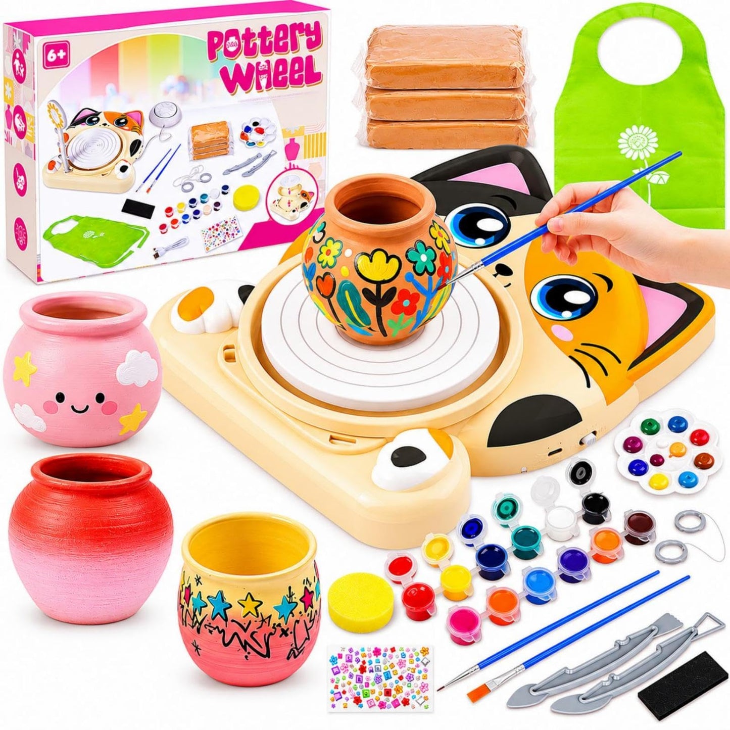 Funny CAT Pottery Wheel Kit for Kids Beginners Wheel with Foot Pedal & Painting Kit/Adjustable Speed, Dry Clay Arts & Crafts for Boys Girls 6 7 8 9 DIY Pottery Tools Art Supplies Craft Toy Teenager Girls Birthday Gift