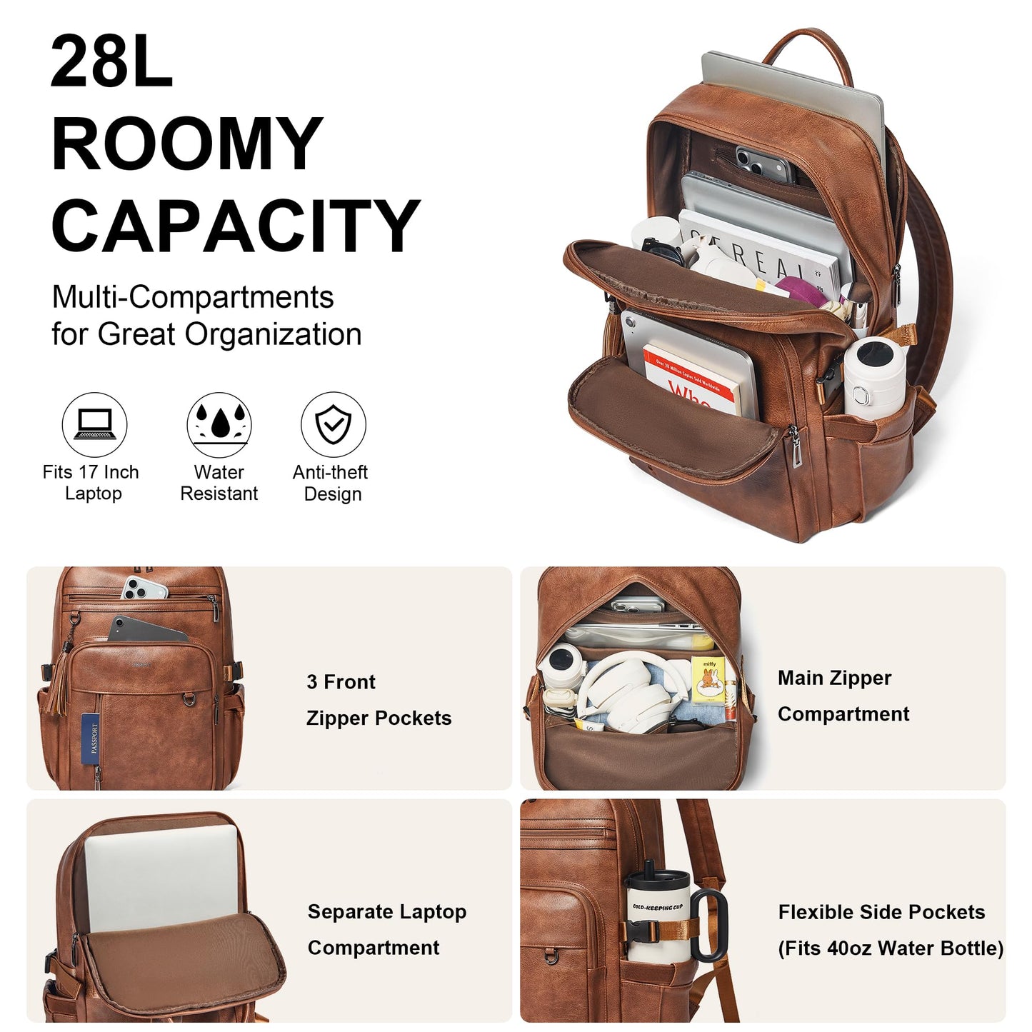 SHRRIE Vegan Leather Laptop Backpack for Women,17 Inch Computer Backpack Purse for Work Business College Travel Teacher Nurse with Anti-theft Pocket & Giant Tumbler Holder Pocket