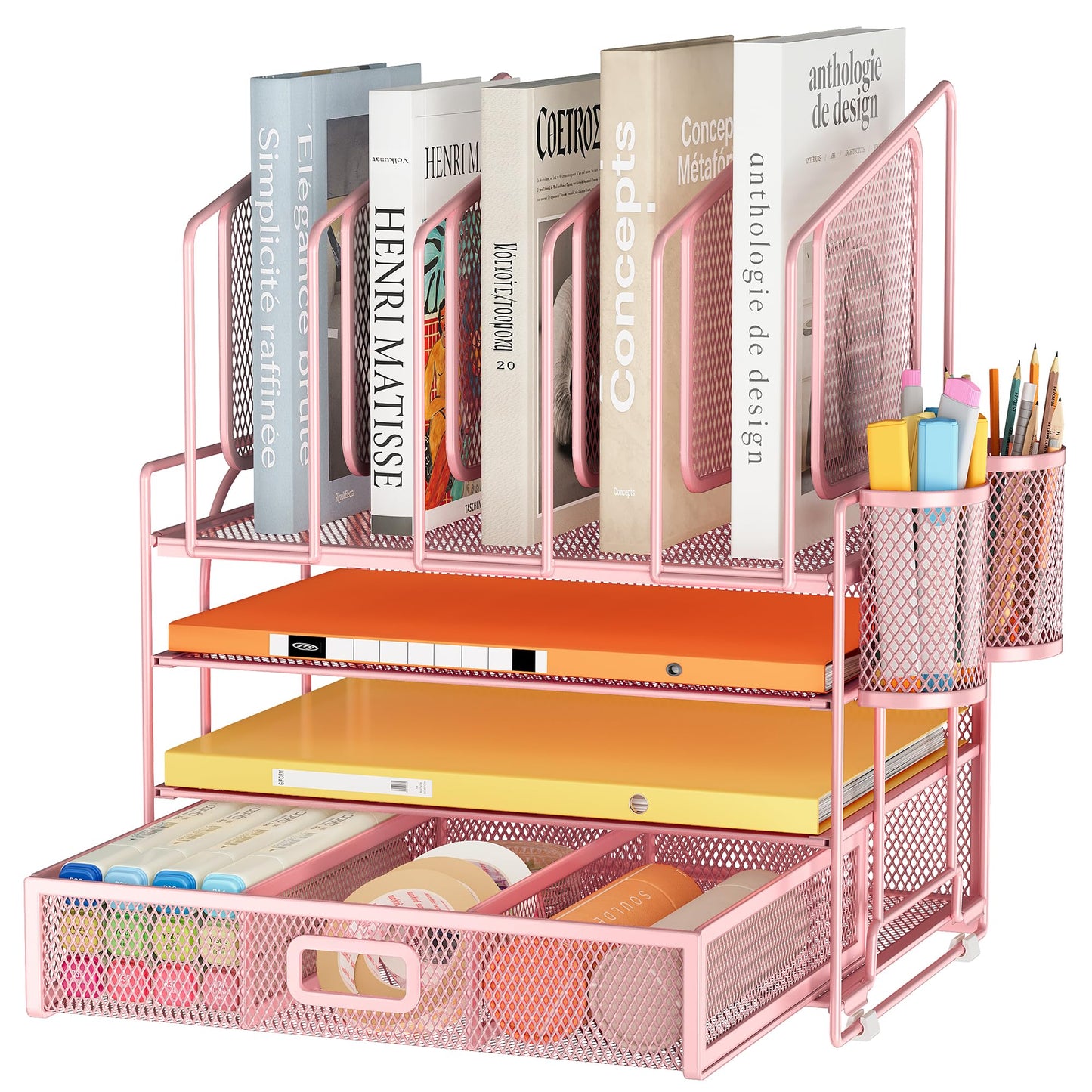 Marbrasse Desk organizer, 4 Tier Mesh File Organizer with 5 Vertical File Holders, Workspace Organizers with Drawer and 2 Pen Holders, Desk Storage for Office, School, Home (Pink)