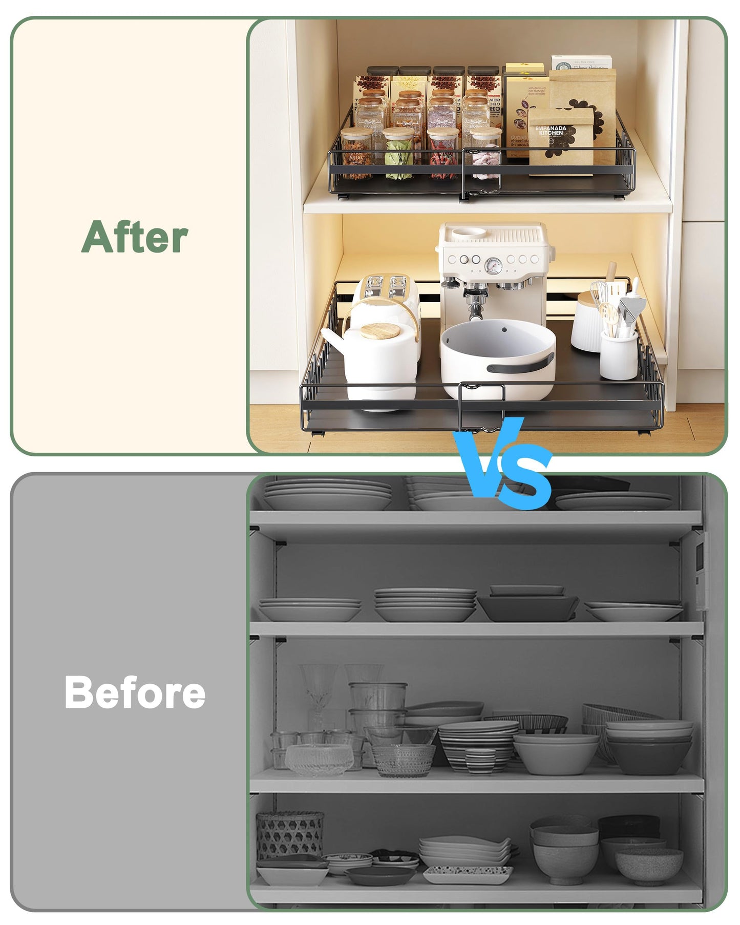 UMDONX 2 Pack Expandable Pull Out Cabinet Organizer Drawers Kitchen Cupboard Storage, No Drill Sliding Rack Adhesive Pantry Shelf (Durable Metal Black Load 65LBS)