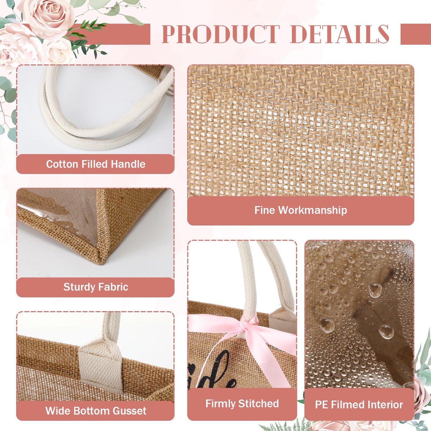Locmeo 8 Pcs Bachelorette Beach Bag Bride to Be Bridal Party Tote Bag Bride Tribe Gifts Jute Burlap with Transparent PVC Film Window for Newlywed Bridesmaids Engagement Bachelorette Party(Jute Brown)