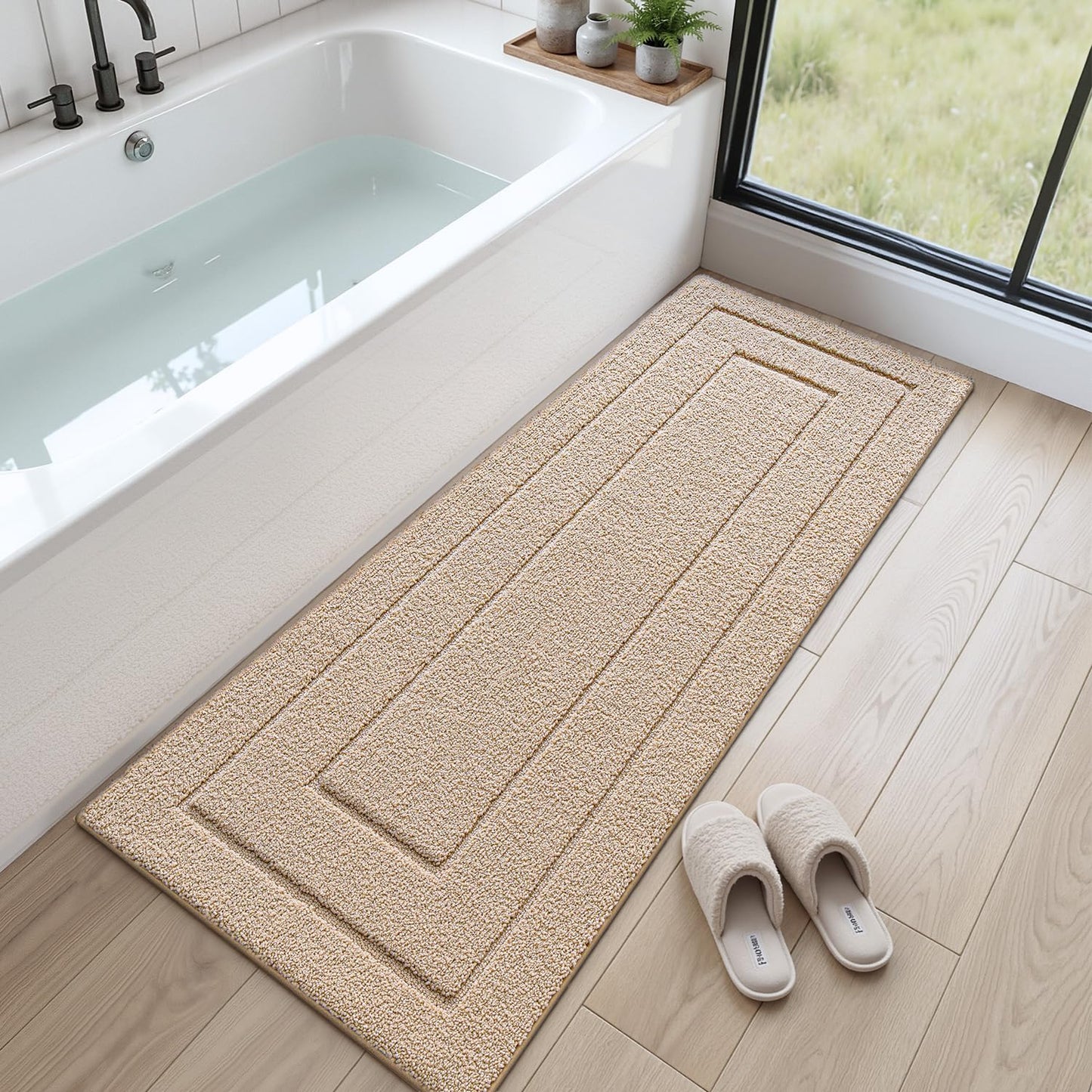 DEXI Bath Mat Non Slip, 24x60 Absorbent Microfiber Soft Bathroom Rug, Machine Washable Carpet for Shower Floor Bathmat Decor, Beige