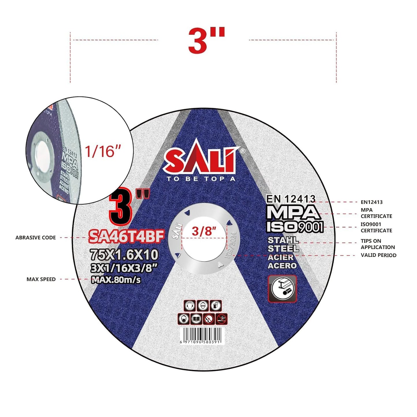 SALI 100 Pack Cut Off Wheels 3 Inch General Purpose Metal Cutting Wheel for 3 In Angle Grinders and Die Grinders- Cutting Disc Aggressive Cutting 3" x 1/16" x 3/8" Operating Up to 20380 RPM and 80 M/S