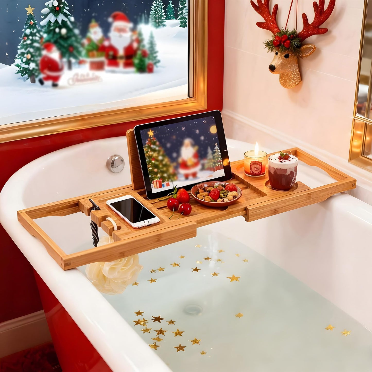 Utoplike Bamboo Bathtub Trays Caddy Bath Tray for Tub, Adjustable Bathroom Bathtub Organizer with Book Tablet Wine Cup Towel Holder, Bathroom Trays