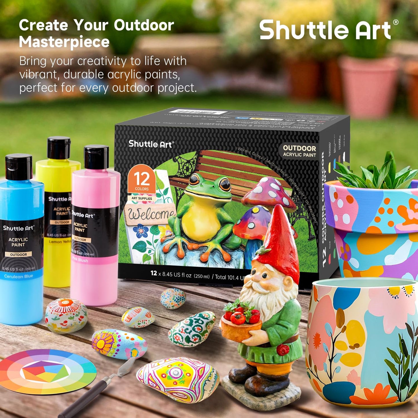 Shuttle Art Outdoor Acrylic Paint Set, 12 Colors Waterproof Paint, 8.45oz/250ml Large Bottles, Rich Pigmented Bulk Painting Supplies for Artists, Beginners on Rocks, Wood, Wall and Garden Statues
