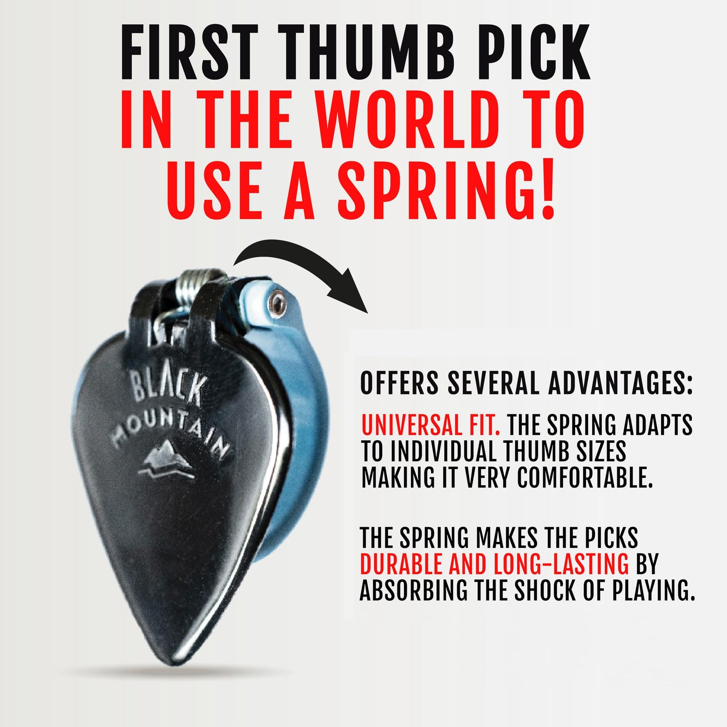 Black Mountain Thumb Picks - Variety Pack for Acoustic Guitar, Electric Guitar, Bass, Ukulele, Banjo, Mandolin - Spring Loaded Premium Finger Picks for Musicians - Light, Medium, Heavy, and Jazz Pick