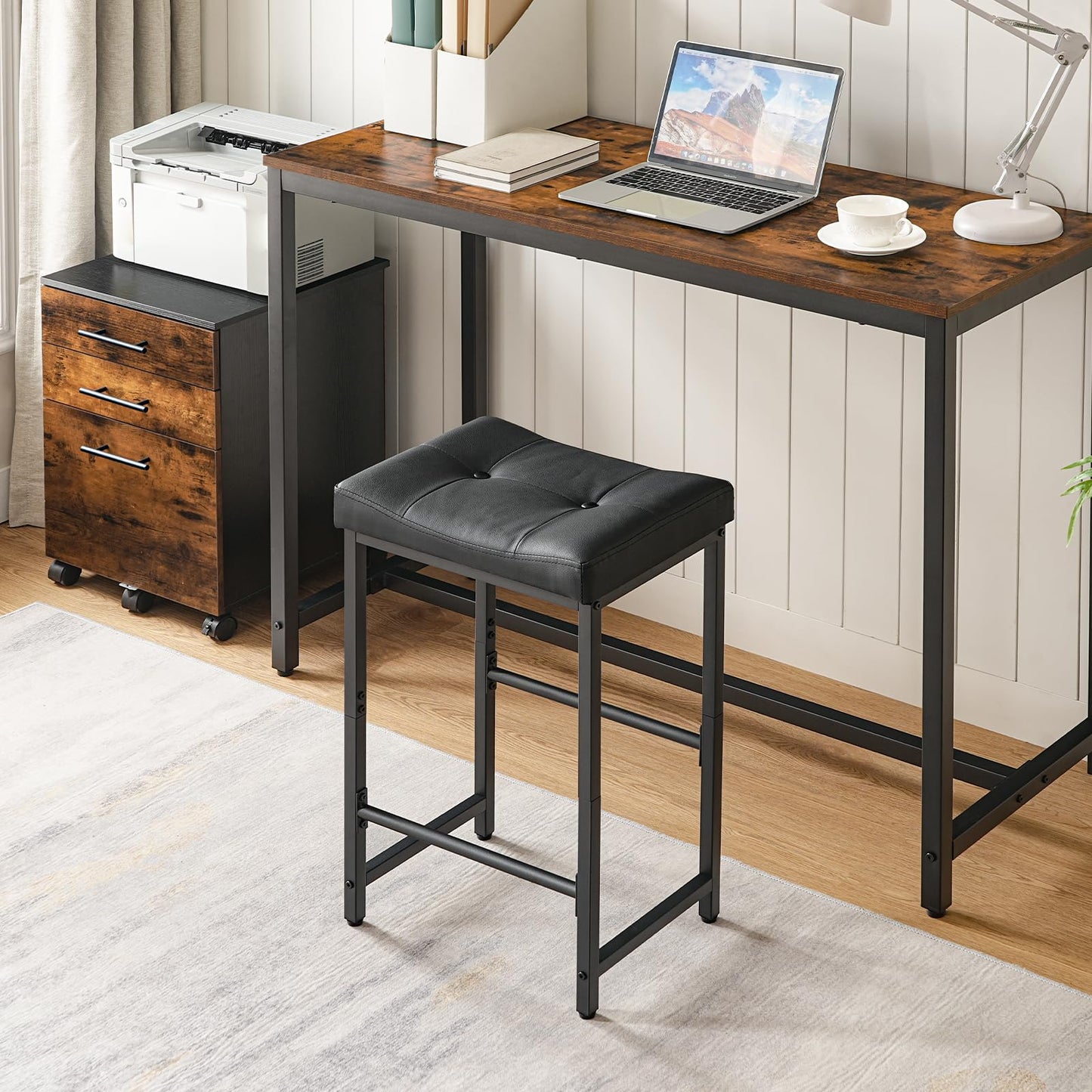 HOOBRO Bar Stools, 64.5 cm Saddle Stools with PU Upholstery, Counter Height Stools with Footrest, Kitchen Breakfast Chairs, for Dining Room, Cafe, Bar, Black BB23BY01
