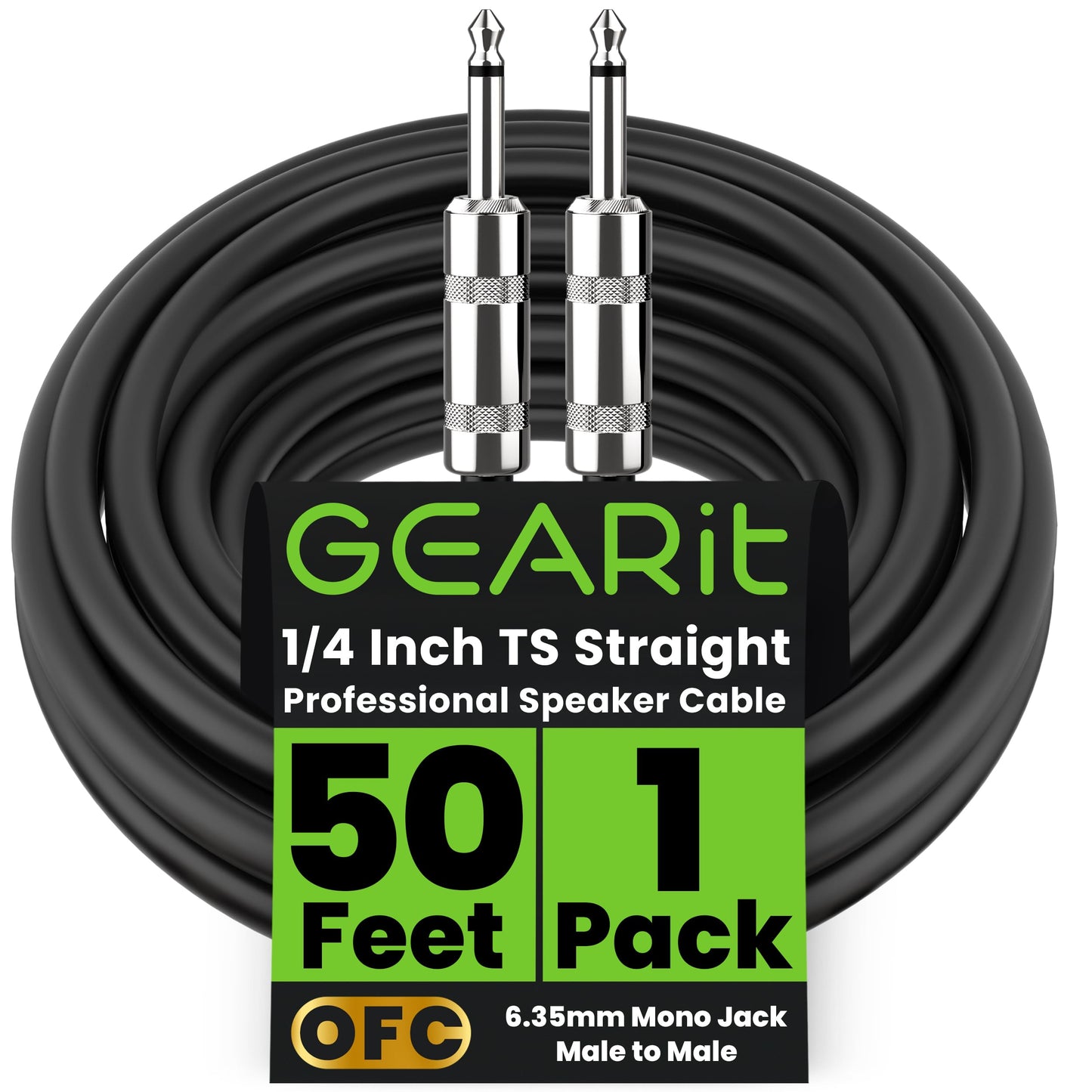 GEARit Professional Speaker Cable (50ft) 12AWG Pure Copper 1/4 inch to 1/4 inch TS Straight Male to Male for Amplifier, Speaker Cabinet, PA and DJ Audio