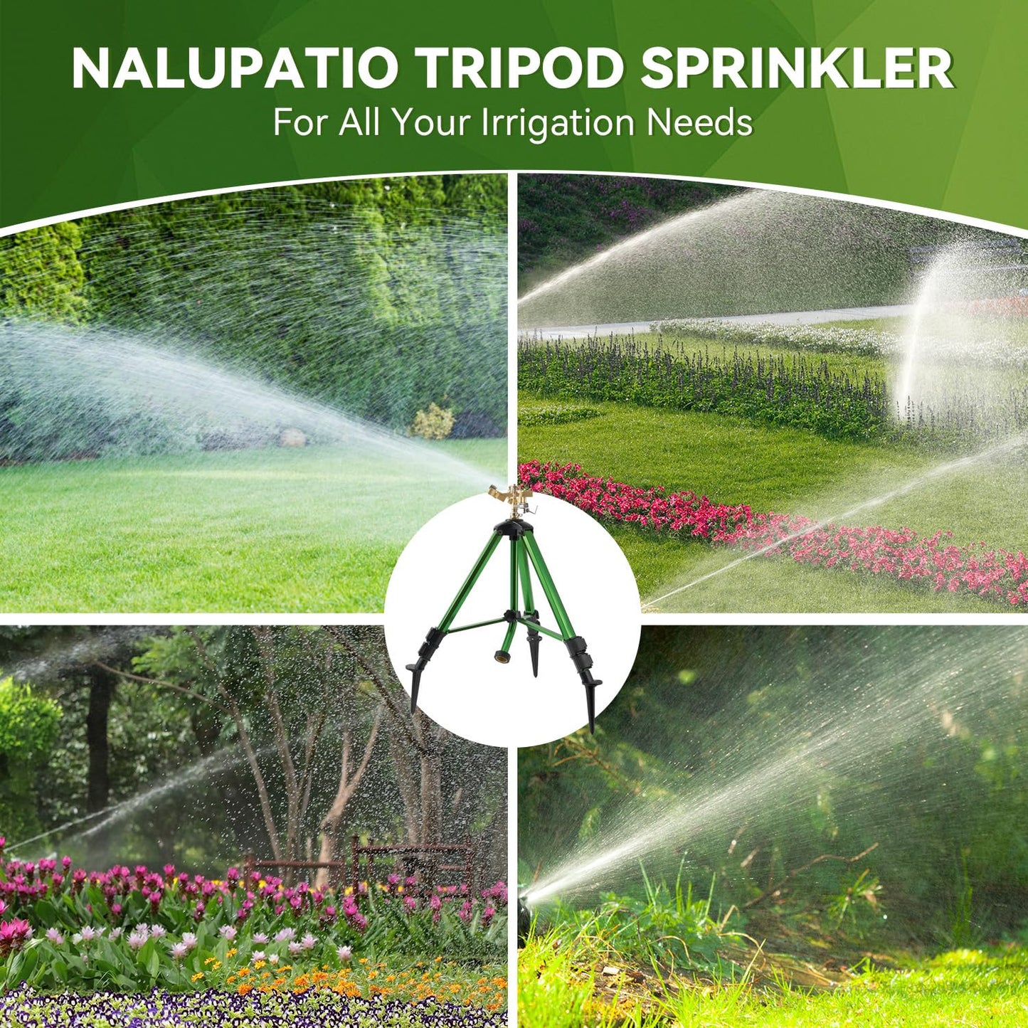 Tripod Sprinklers for Yard,Nalupatio Impact Sprinkler on Tripod Base,Heavy Duty Brass Sprinklers,270 Degree Large Area Irrigation,3/4 Inch Connector Sprinkler with Legs Flip Locks for Lawn/Yard,1 Pack