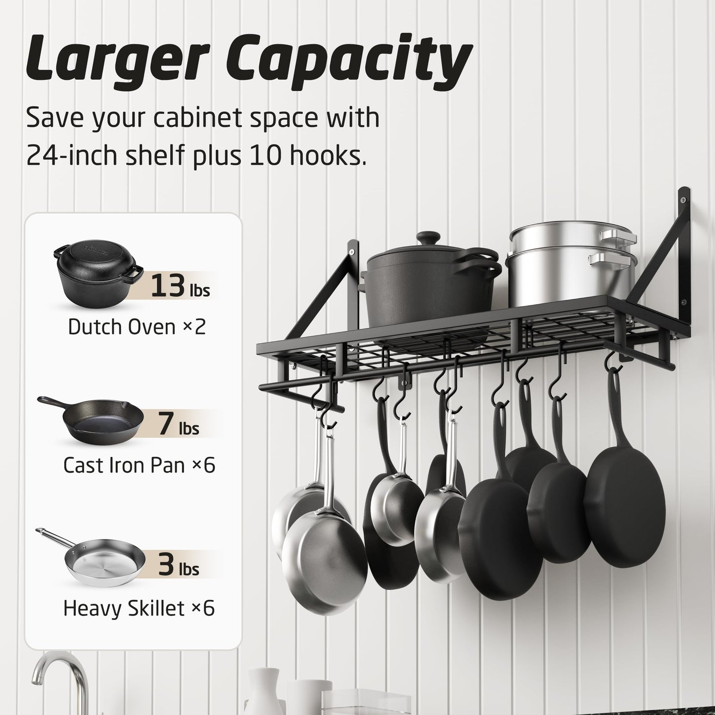 KES Pot Rack 24 Inches Kitchen Pot and Pan Organizer Rack Wall Pot Hangers With 10 Hooks Matte Black, KUR215S60-BK