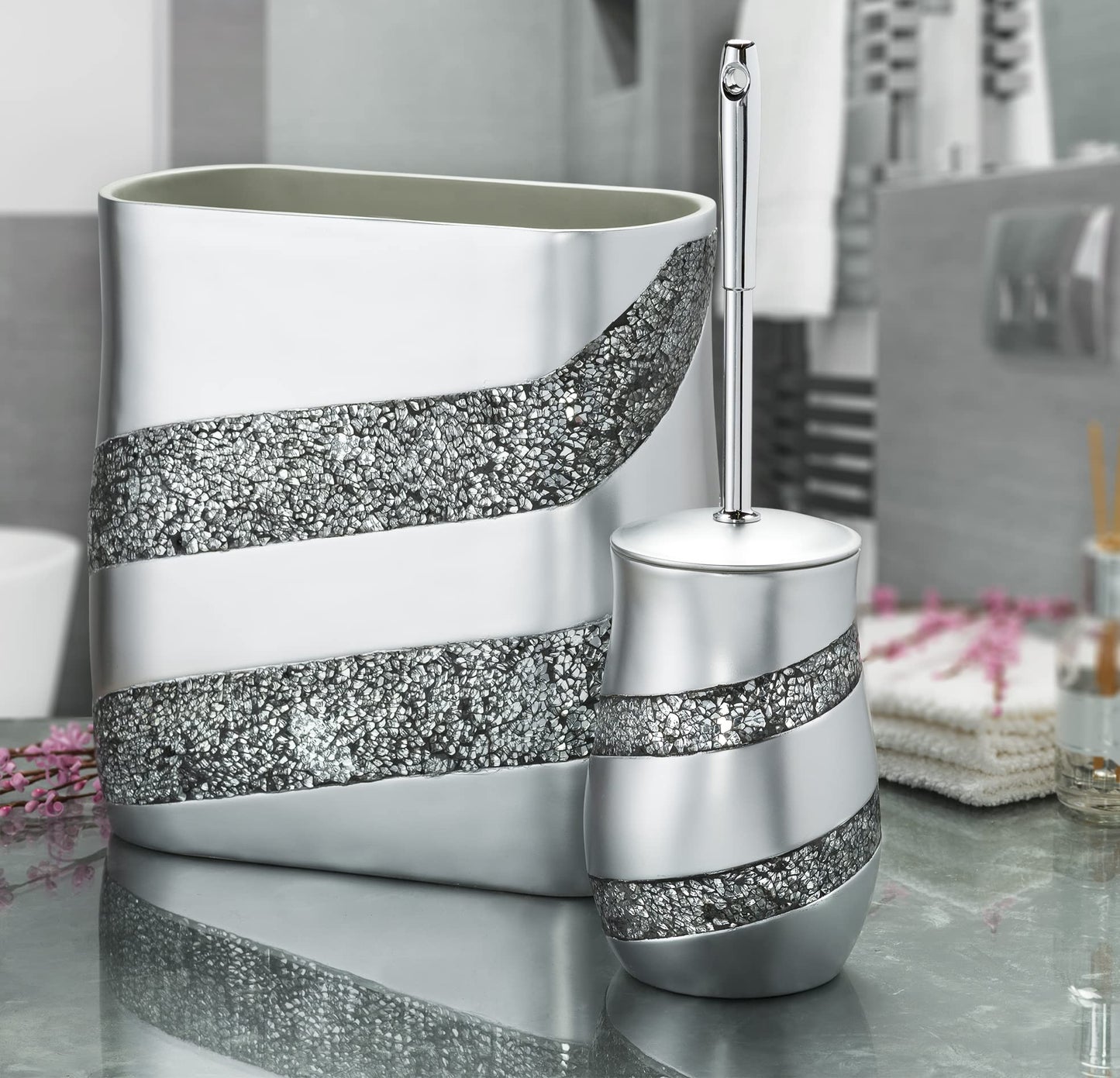 Creative Scents Toilet Brush and Holder Set - Silver Mosaic Toilet Bowl Brush and Holder, Toilet Cleaner Brush with Sturdy Stainless Steel Handle, Bathroom Toilet Scrubber Brush with Decorative Holder