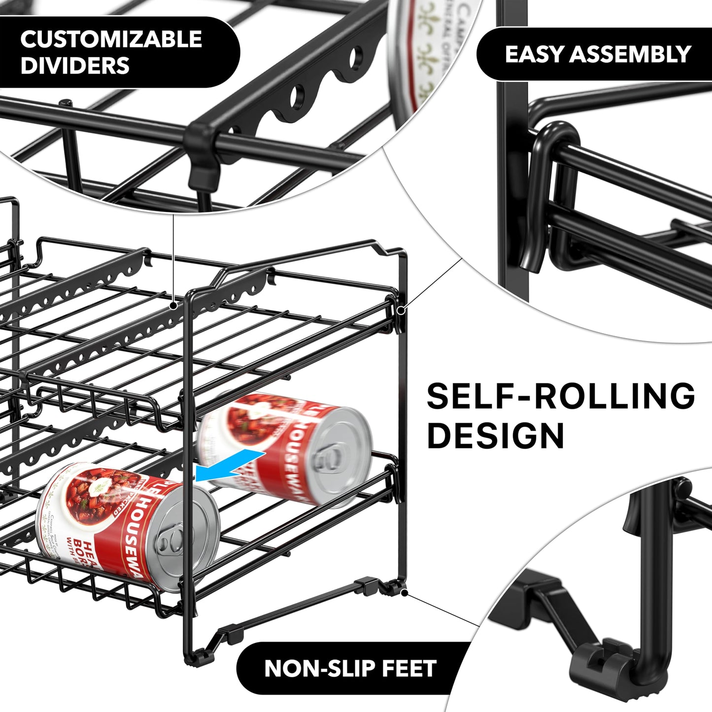 Simple Houseware 2 Tier Stackable Can Rack Organizer for Pantry Storage, 2 Pack, Black