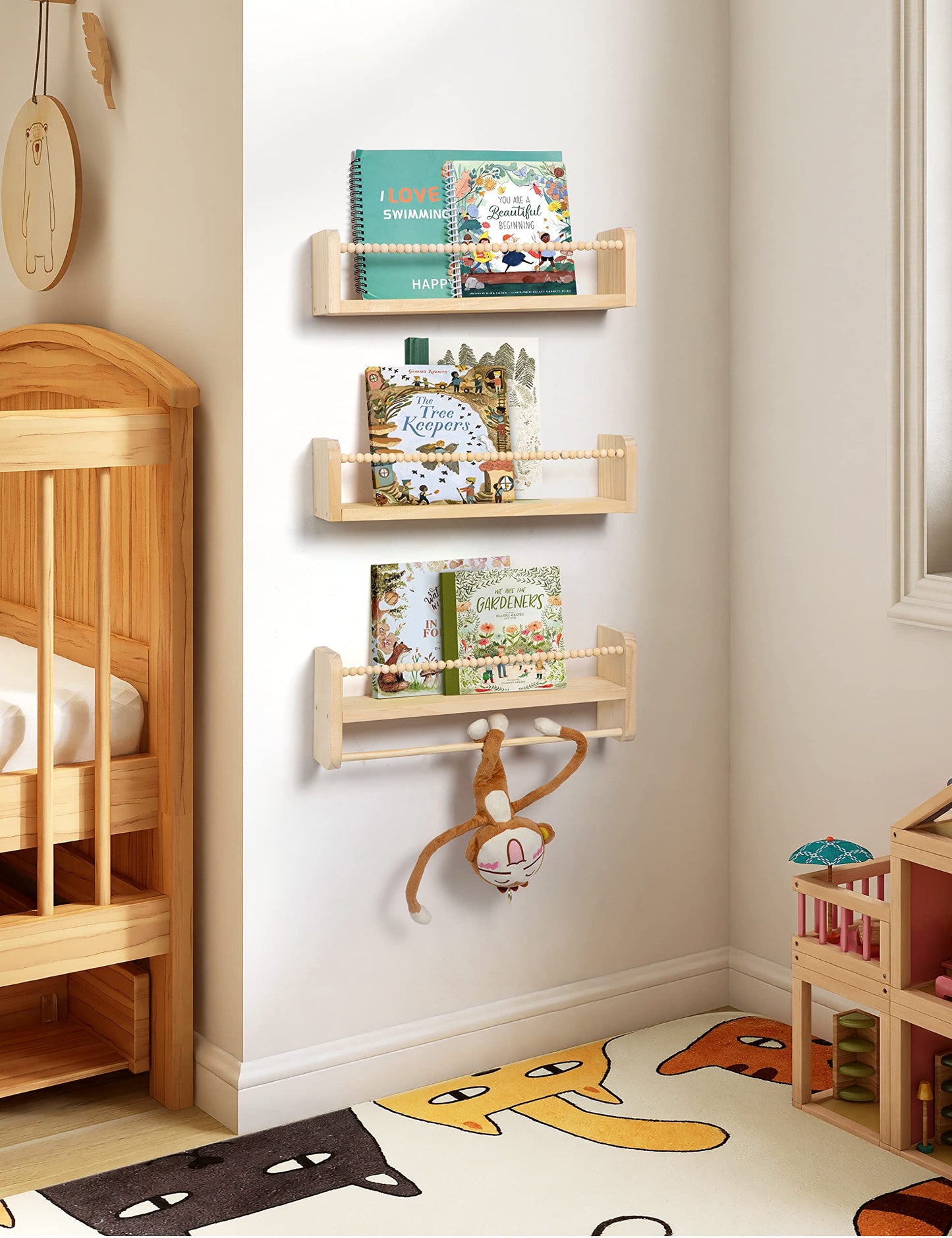 Maxpeuvon Nursery Book Shelves for Wall, Set of 3 Bookshelf Nursery Decor Natural Wood Wall Mounted Organizer with Towel Bar Hanging Floating Bookshelves for Kids Room, Bedroom and Kitchen